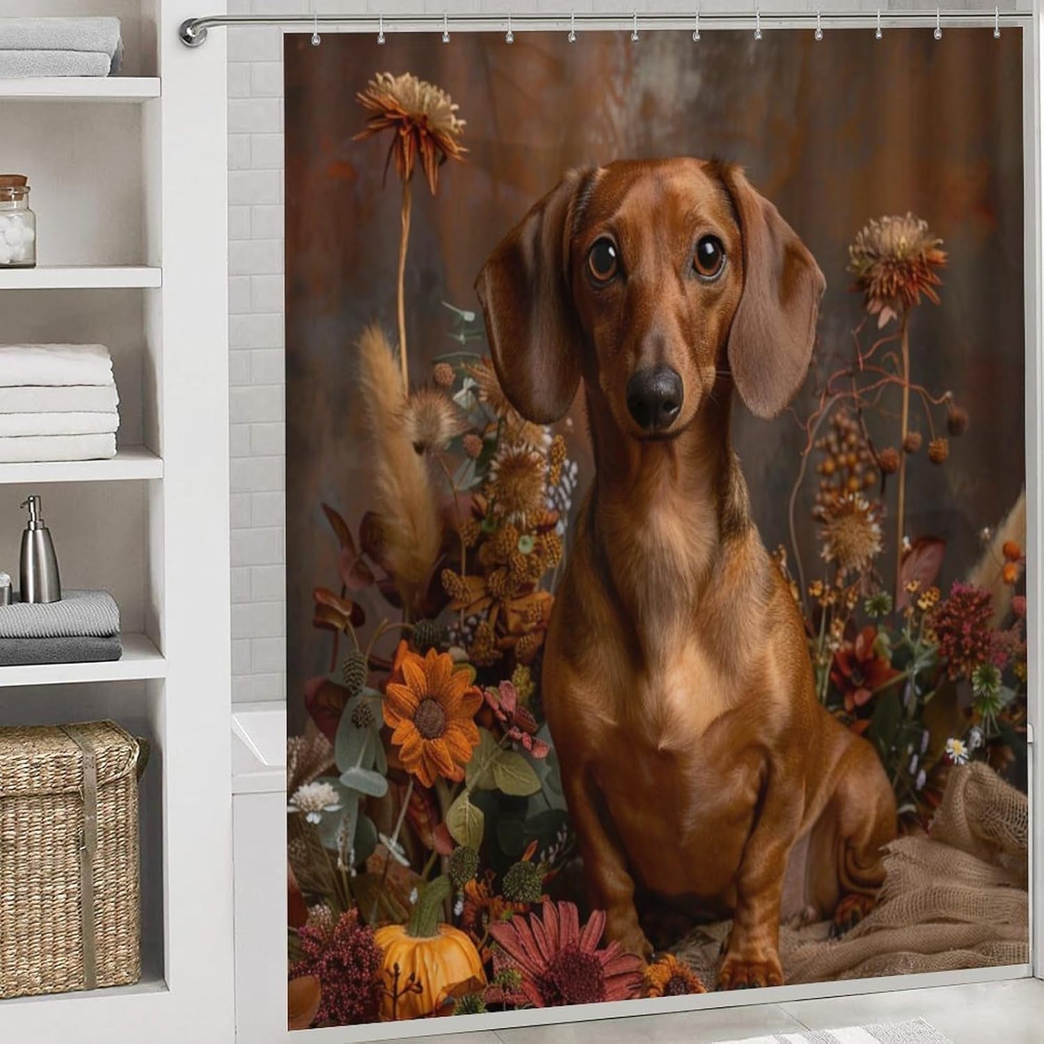 4Pcs Cute Dachshund Sunflower Shower Curtain Set with Toilet Lid Cover Non-Slip Rugs for Bathroom, Playful Dog Retro Floral Daisy Shower Curtain Bathroom Sets with Hooks, 72x72 Inch