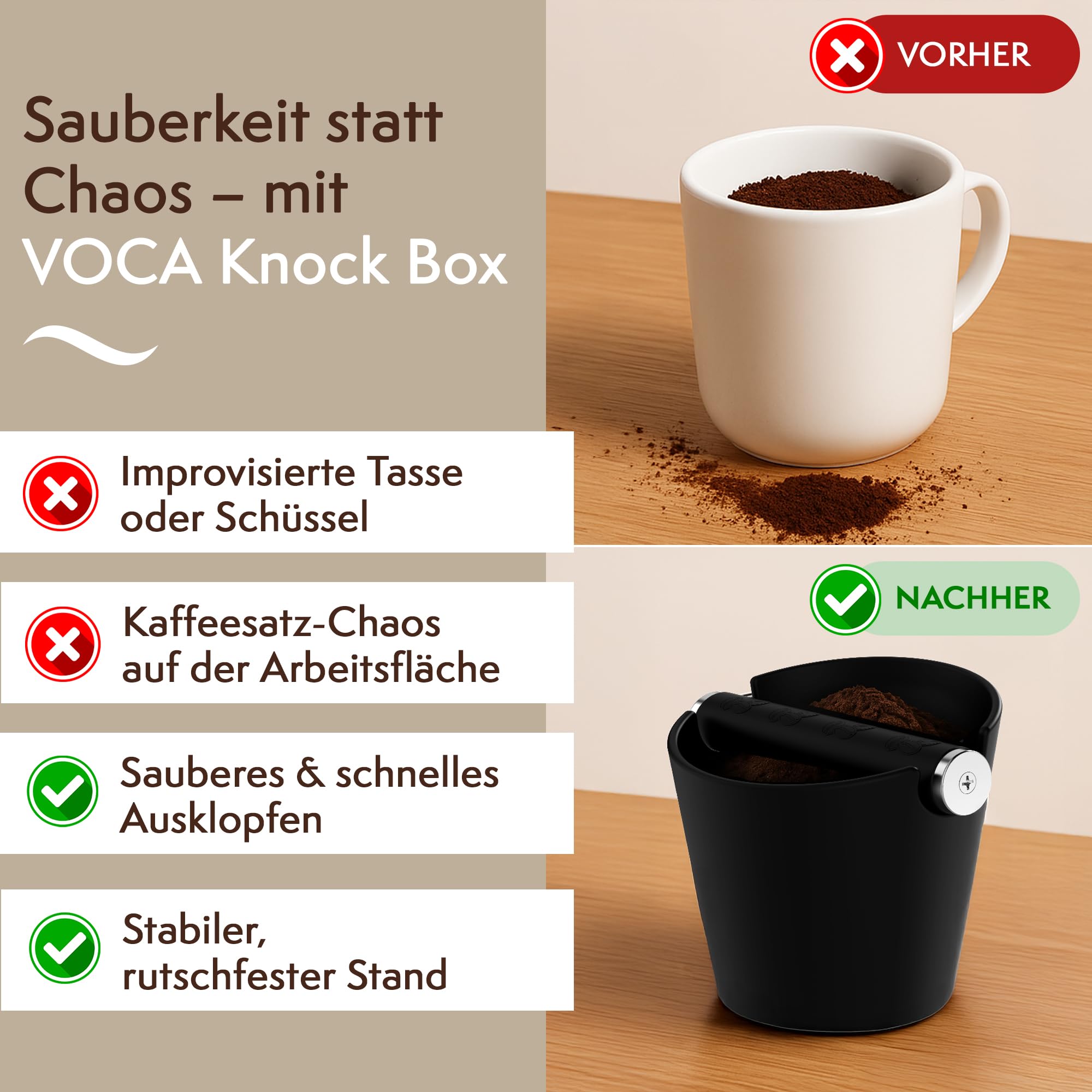 Hochwertiger Abklopfbehälter für Siebträgermaschine –Edelstahl Abklopfstange – Geräuschlos, minimalistisch mit rutschfester Matte – Siebträger Zubehör für Kaffeeliebhaber