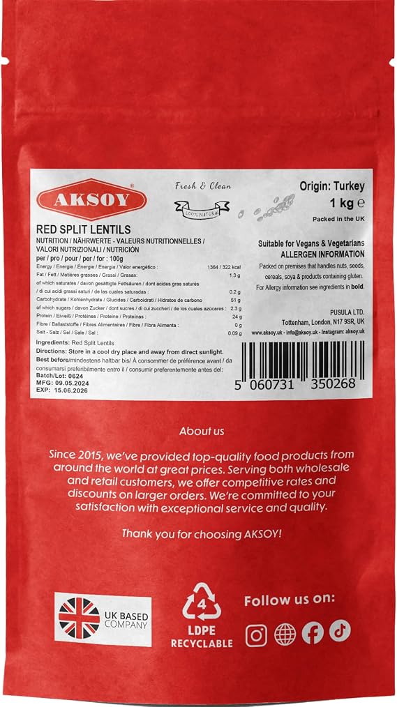 Aksoy Premium Quality Red Split Lentils 1KG