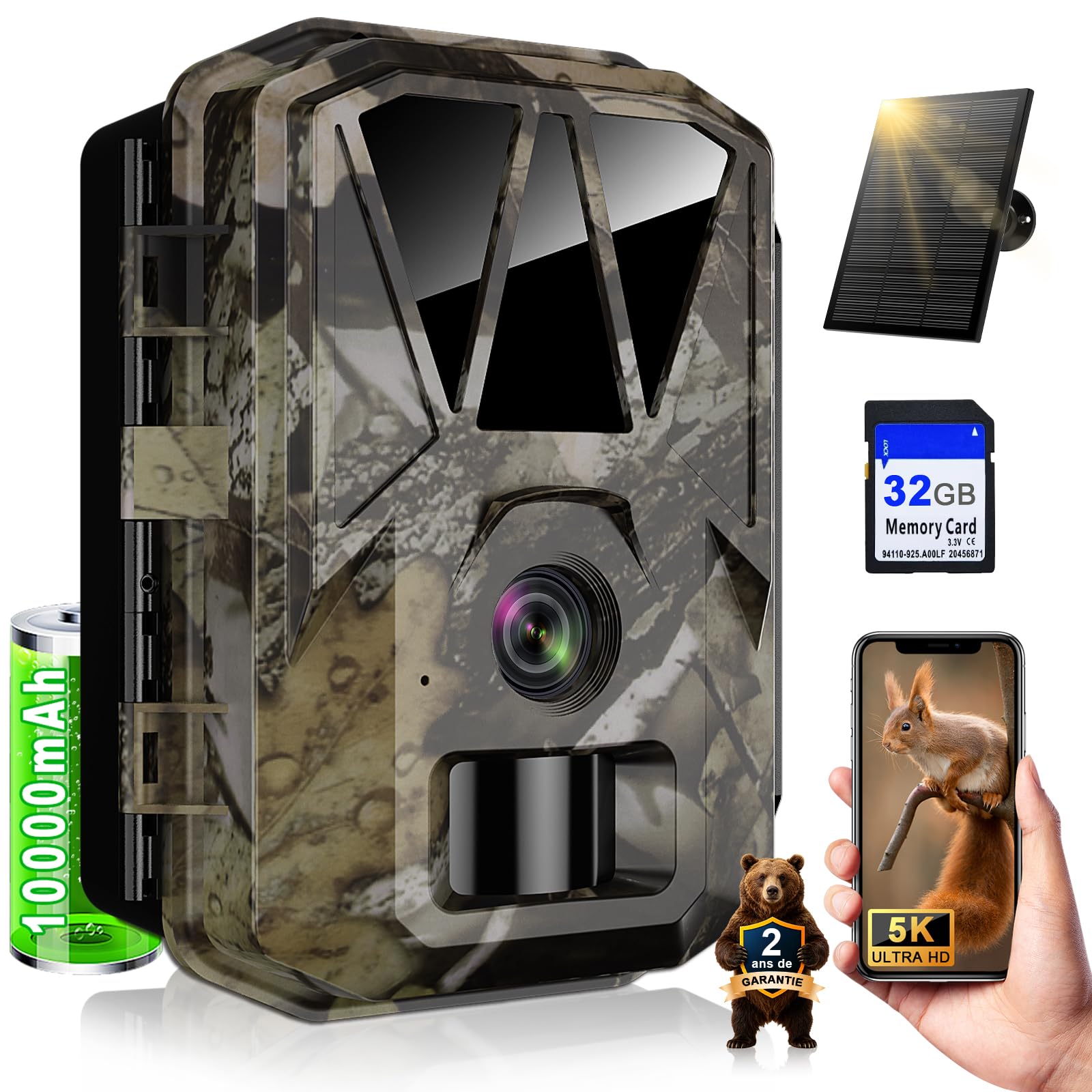 Caméra de Chasse Solaire 5K/64MP WiFi Rechargeable 10000mAh | Vision Nocturne Infrarouge, Grand Angle 120°, Étanche IP66, Carte 32GB Incluse Batterie Rechargeable