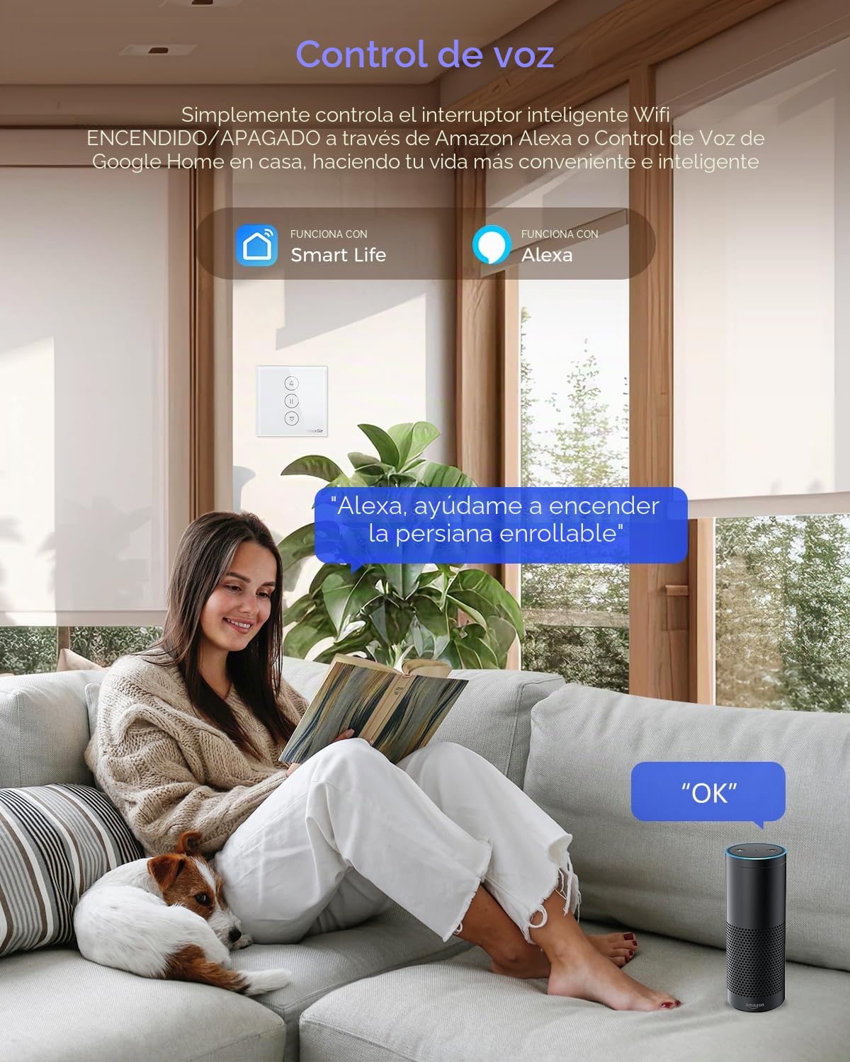 Juego de interruptores inteligentes para persianas, 80x80 mm, control inalámbrico, temporizador compatible con Alexa y Google Home, cable neutro requerido