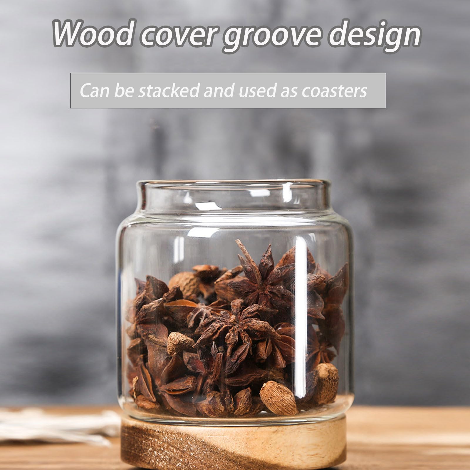 Dxcaicc 5 Stück Glas-Vorratsgläser mit Holzdeckel, multifunktionale Flasche, transparente Vorratsgläser,dekorative Glas-Vorratsflasche für Gewürze, Zucker,Salz,Tee,Nüsse,Kaffeebohnen