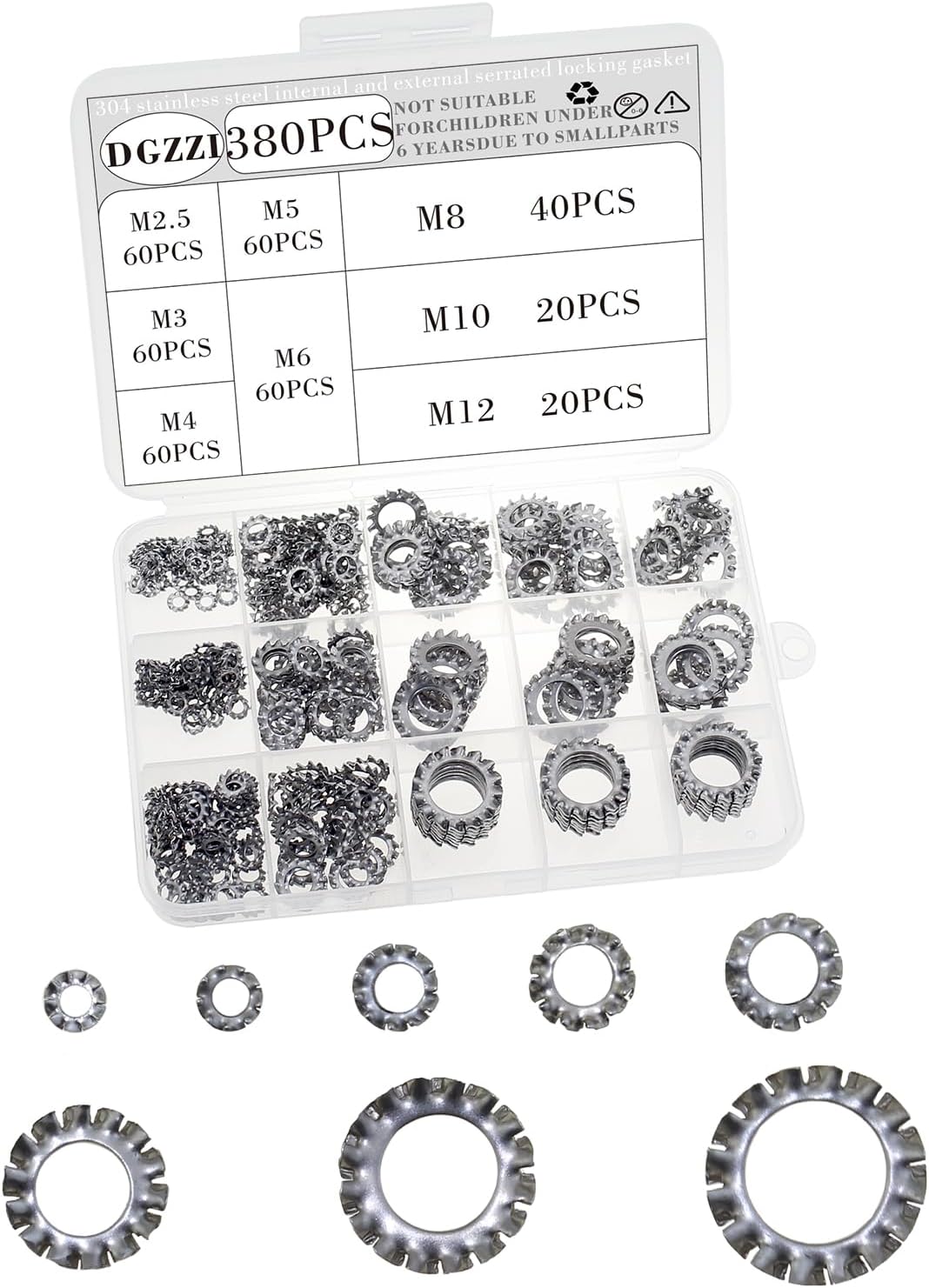 DGZZI 380PCS M2.5/3/4/5/6/8/10/12 Stainless Steel External Multi Tooth Star Lock Washers Assortment Set Suitable for DIY Furniture Assembly and Electrical Equipment Maintenance