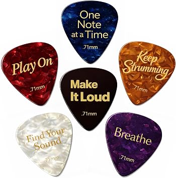 Celluloid Guitar Picks Medium .71mm Guitar Gifts   6 Plectrums 6 Moods with Inspirational Messages "Keep Strumming" "Play On" "Breathe"   Acoustic Electric Guitar Accessories Gifts Set