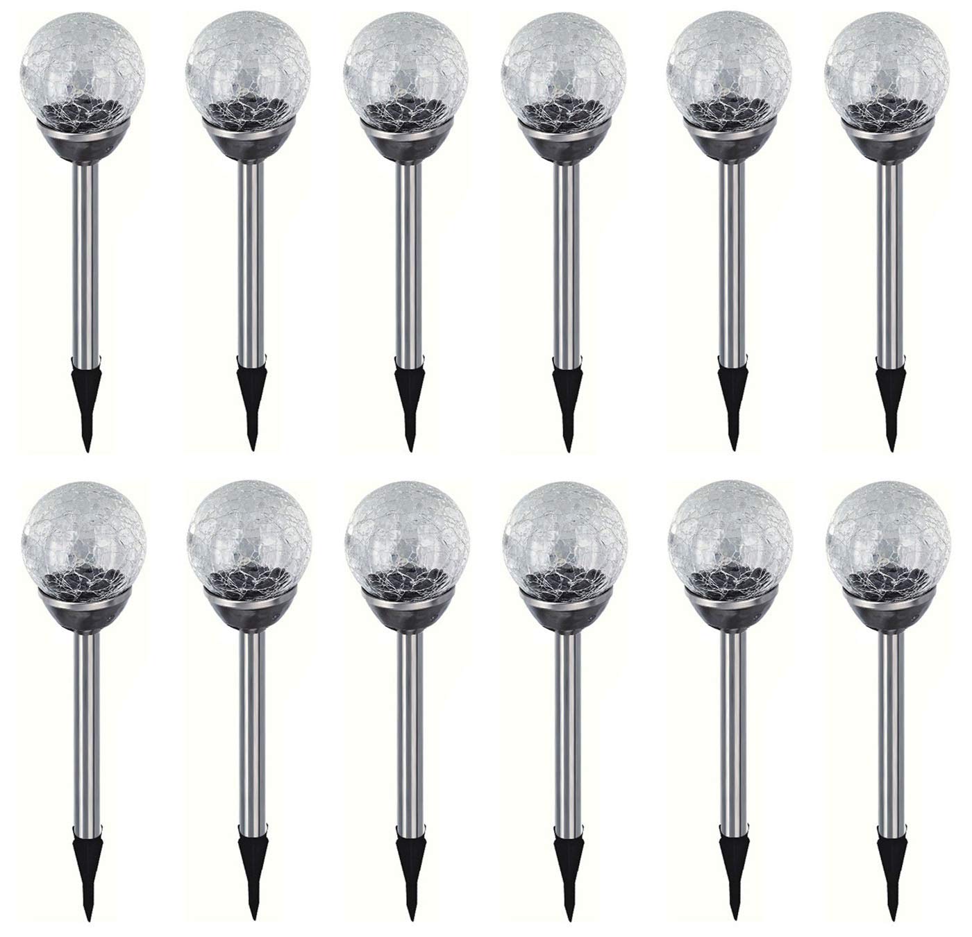 12 lámparas solares LED de acero inoxidable para jardín, bola con luz crackle, lámpara solar decorativa para jardín, lámpara blanca