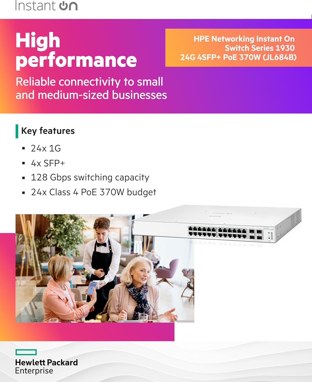 HPE Networking Instant On Switch Series 1930 24-Port Gb Smart-Managed Layer 2+ Ethernet Switch with PoE | 24x 1G | 4X SFP+ | 24x CL4 PoE 370W | US Cord (JL684B#ABA)