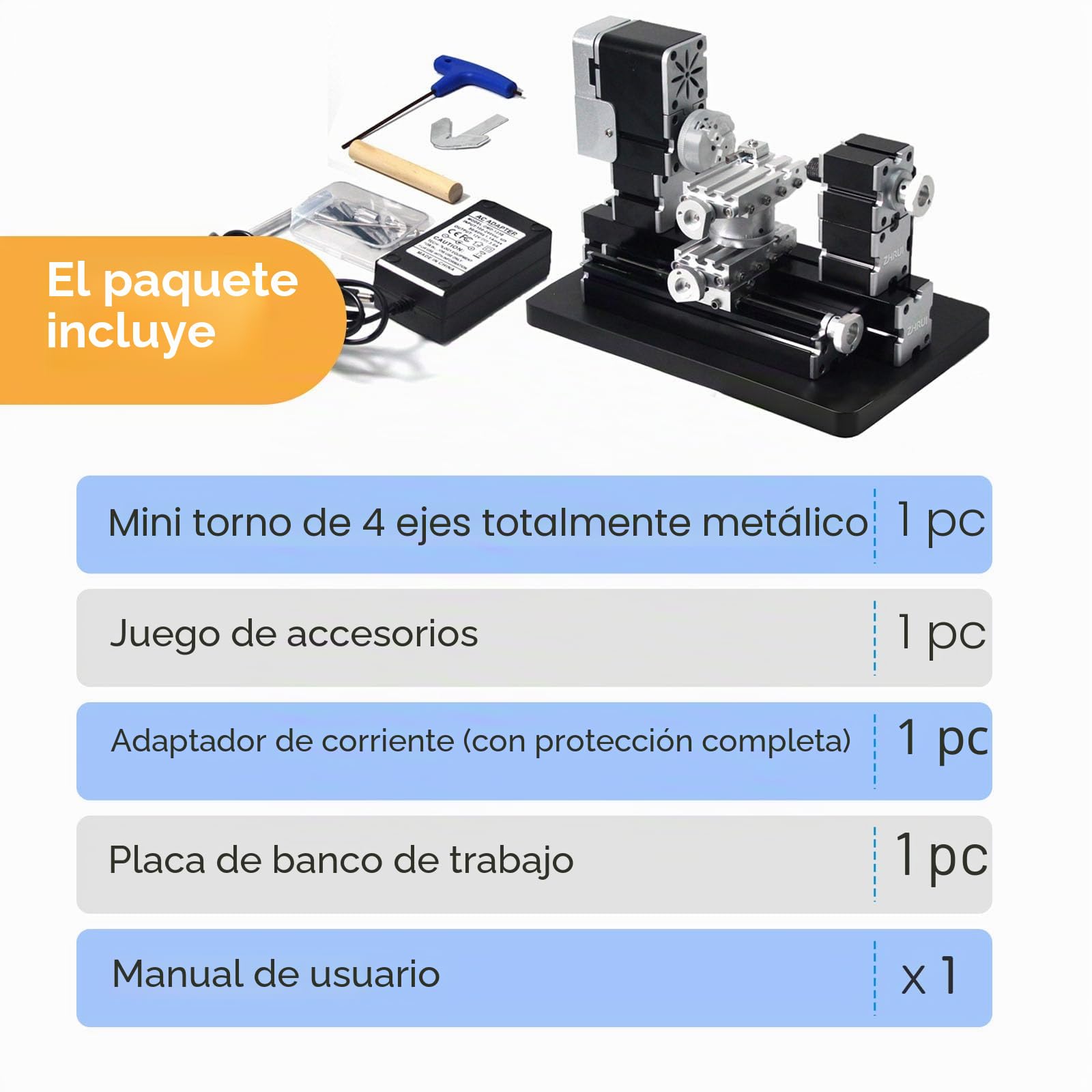 Mini torno de metal 60W 12,000 RPM, herramienta de máquina de 4 ejes para metal blando, madera, acrílico, plástico, mini torno de precisión con guarda de seguridad, indexador rápido, escala de