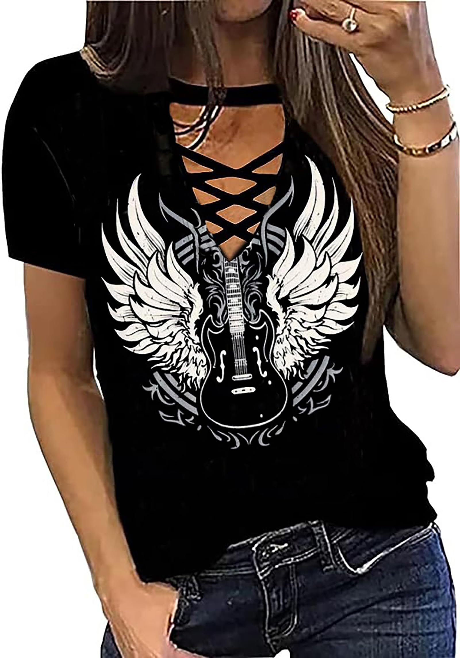 LLHXRUIRock Roll Guitar Wings T-Shirt for Women Hollow Out Country Music Graphic Tees Rock Band Concert Shirts Tops
