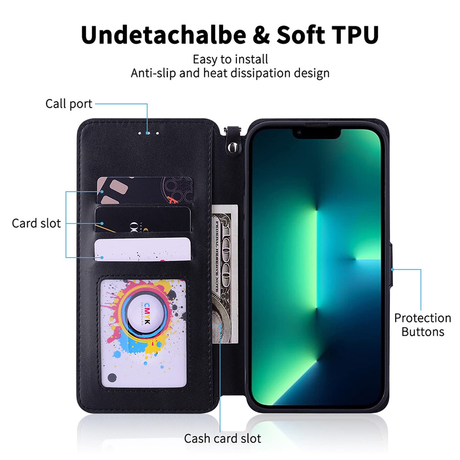 LTL Etui z klapką do iPhone 13/13 Pro/13 Pro Max, wysokiej jakości skórzane etui z klapką, etui z przegródką na karty, podpórka, etui na telefon, magnetyczne, brązowe, 13 6,1"