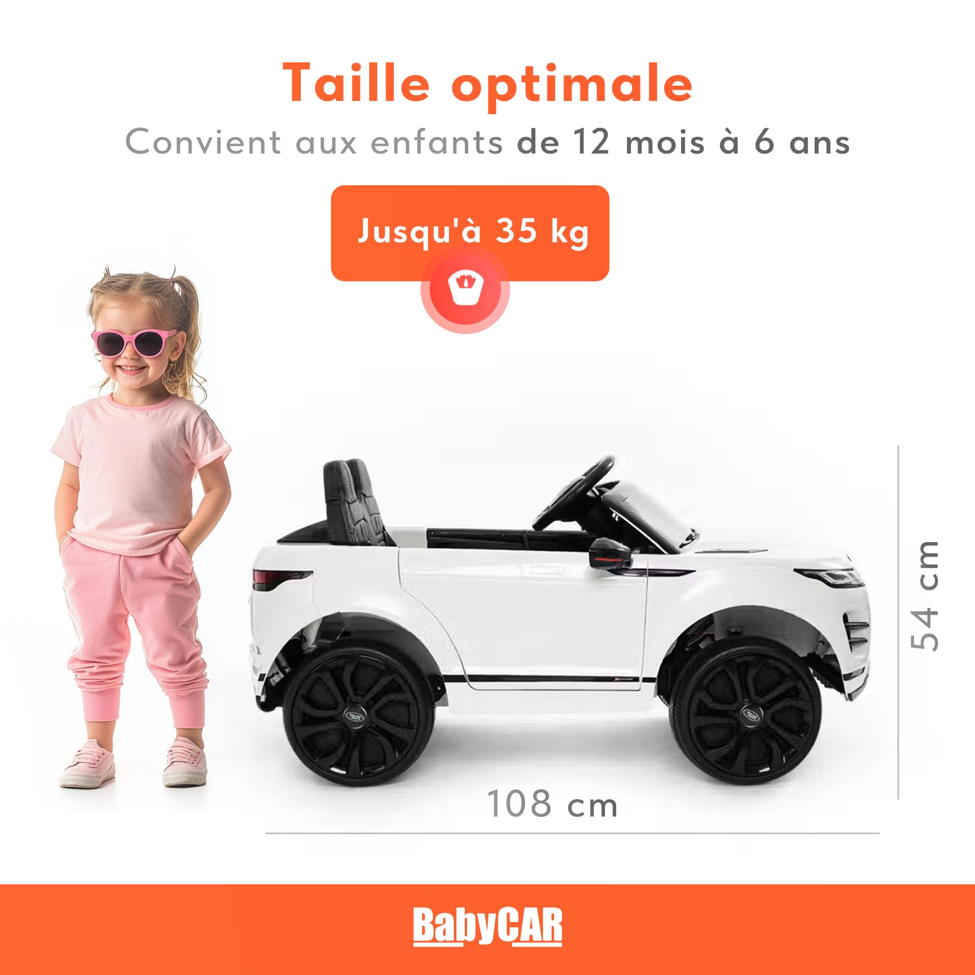 BabyCar Range Rover Evoque | Véhicule Electrique 12V avec 2 Moteurs 35W | Voiture pour Enfant avec Télécommande, Siège en Simili Cuir, Portes Ouvrantes, MP4/USB | Licence Officiel | Blanc