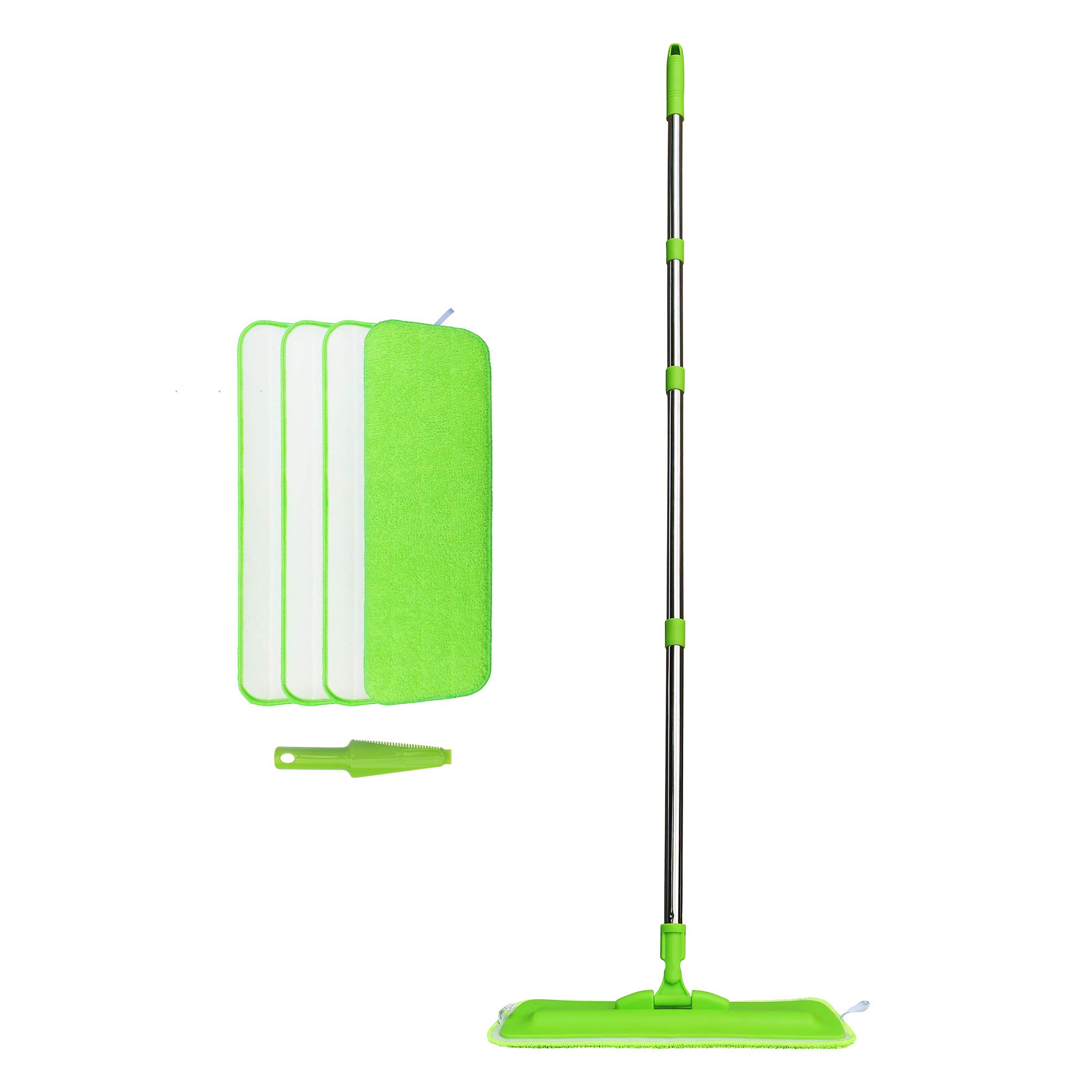 PHYEX Microfiber Floor Mop for Wood, Walls, Kitchen, Wet or Dry Use, 4 pcs Washable Reusable Mop Pads Green, Flexible Mop Head, Long Handle