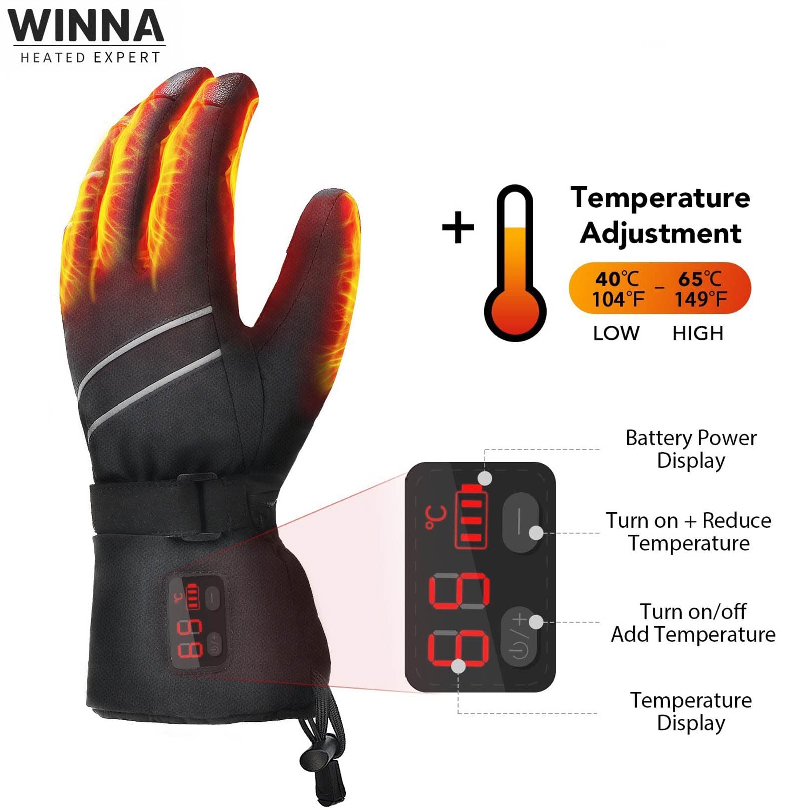 Guanti riscaldati Guanti Termici Lavabili Guanti Invernali Guanti alimentati a Batteria Guanti Touch Screen per Ciclismo all'aperto Sci Campeggio Uomini e Donne (Nero)