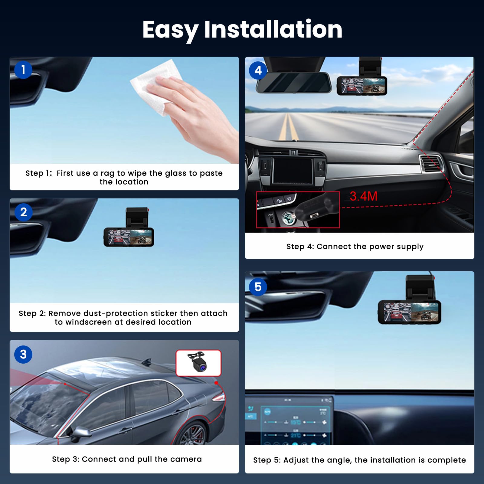 Hikity 2 Canali WIFI Dashcam Auto 360,Anteriore 4K + Posteriore 2K,con ADAS/GPS/G-Sensore/rEgistrazione in loop/Visione Notturna/24H Parcheggio Monitor/Scheda da 64 GB