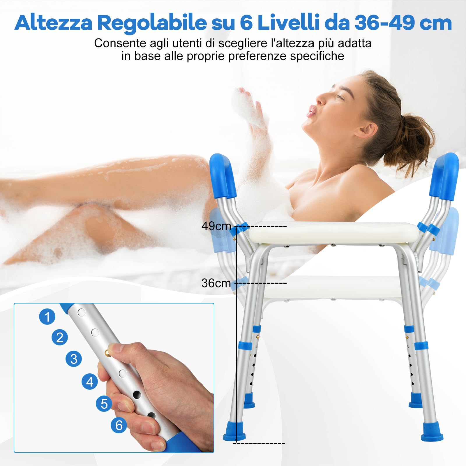 COSTWAY Sgabello Doccia, Sedia per Doccia Regolabile in 6 Altezze con Braccioli Imbottiti Staccabili e Piedini in Gomma Antiscivola, Portata 100 kg, Seggiolino da Bagno per Anziani (Blu)