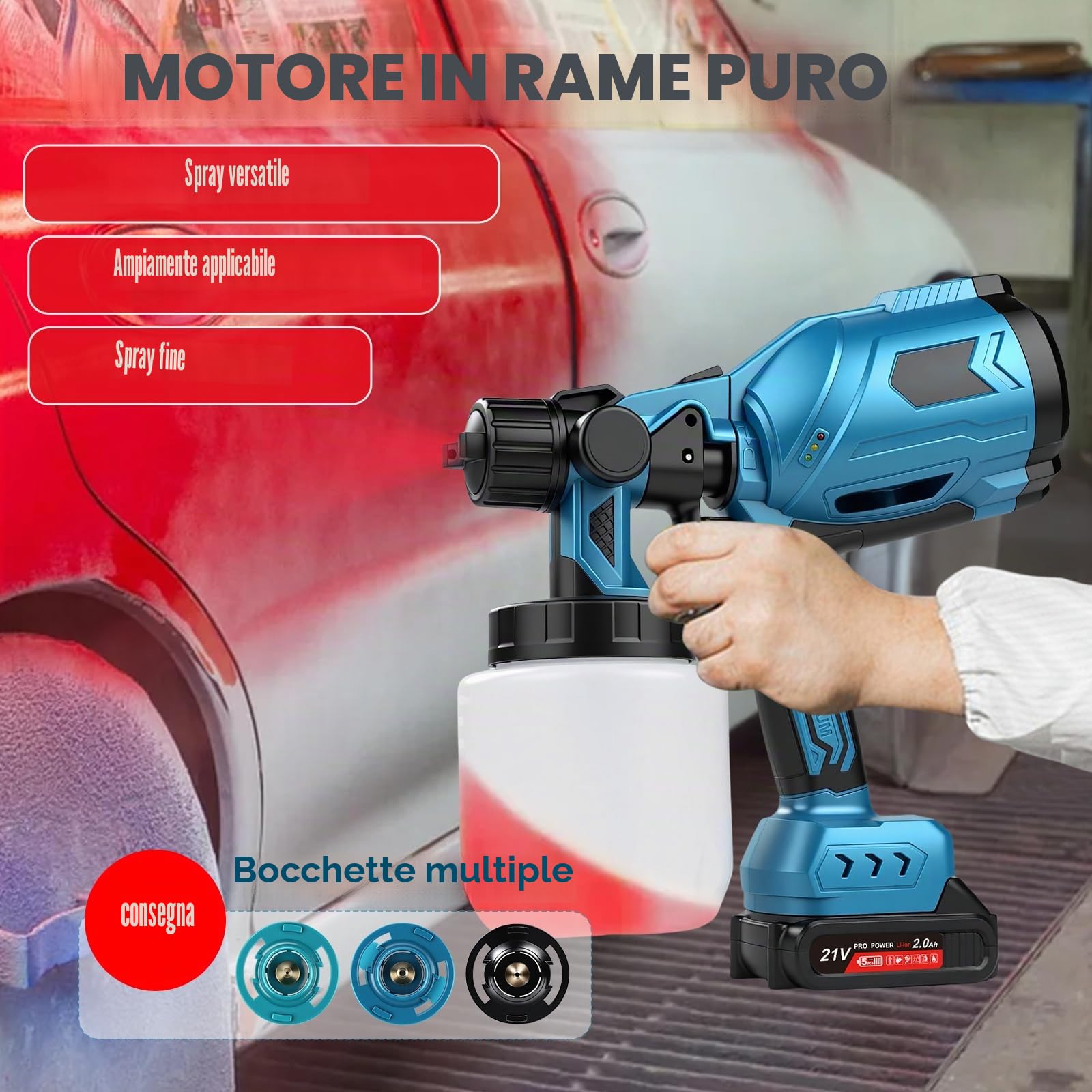 Verniciatore a Spruzzo a Batteria, 500W 36000PRM HVLP Pistola per Verniciare Elettrica con 1000ML Contenitore, Pistola Vernice a Spruzzo con 21V 2000mAh*2 Batterie, 3 Ugelli & 3 Modalità
