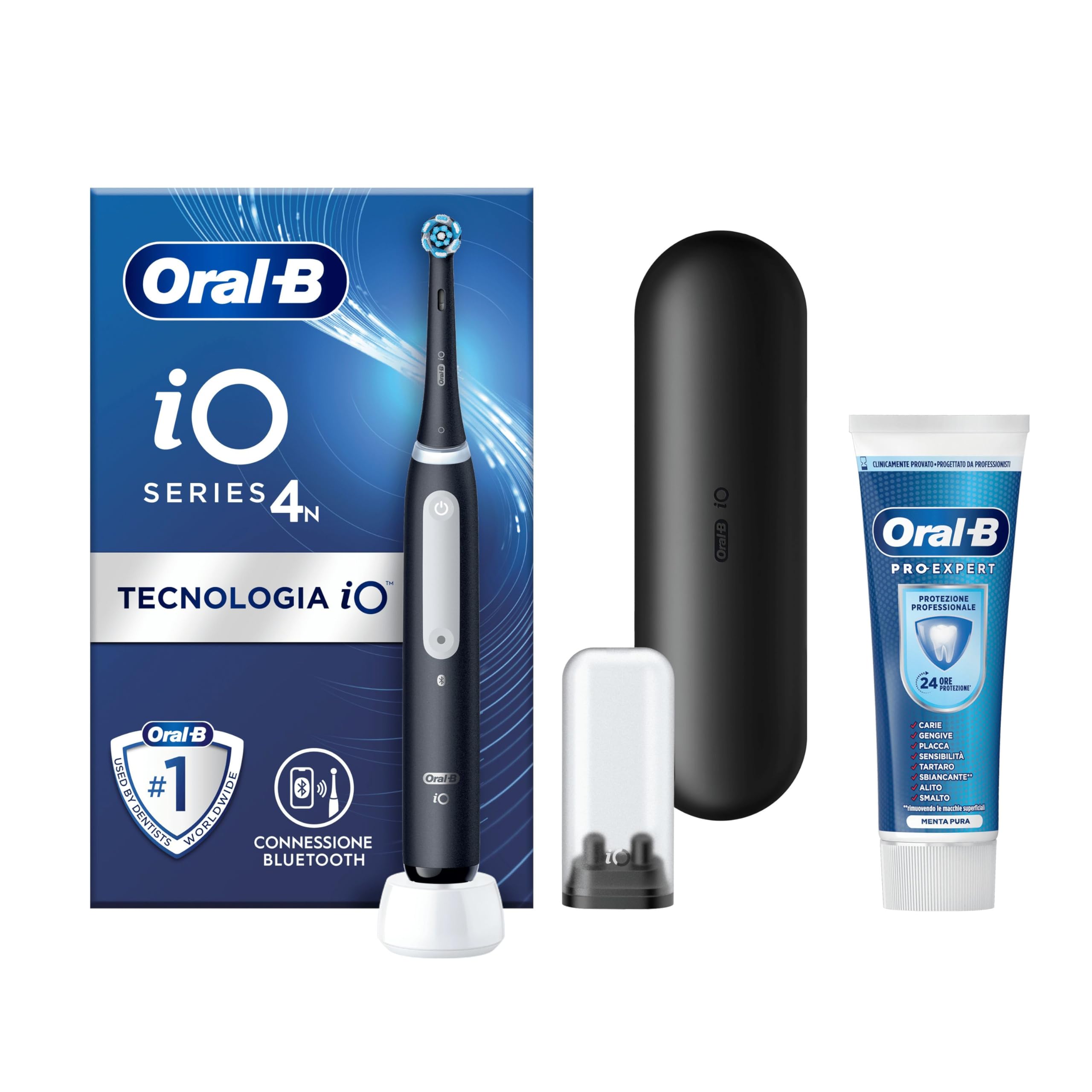 Oral-B Spazzolino Elettrico Ricaricabile iO 4 Nero, 1 Testina Di Ricambio, 1 Spazzolino Elettrico Oral B, Custodia Da Viaggio +Dentifricio Pro-Science Advanced Rigenera Smalto 75ml