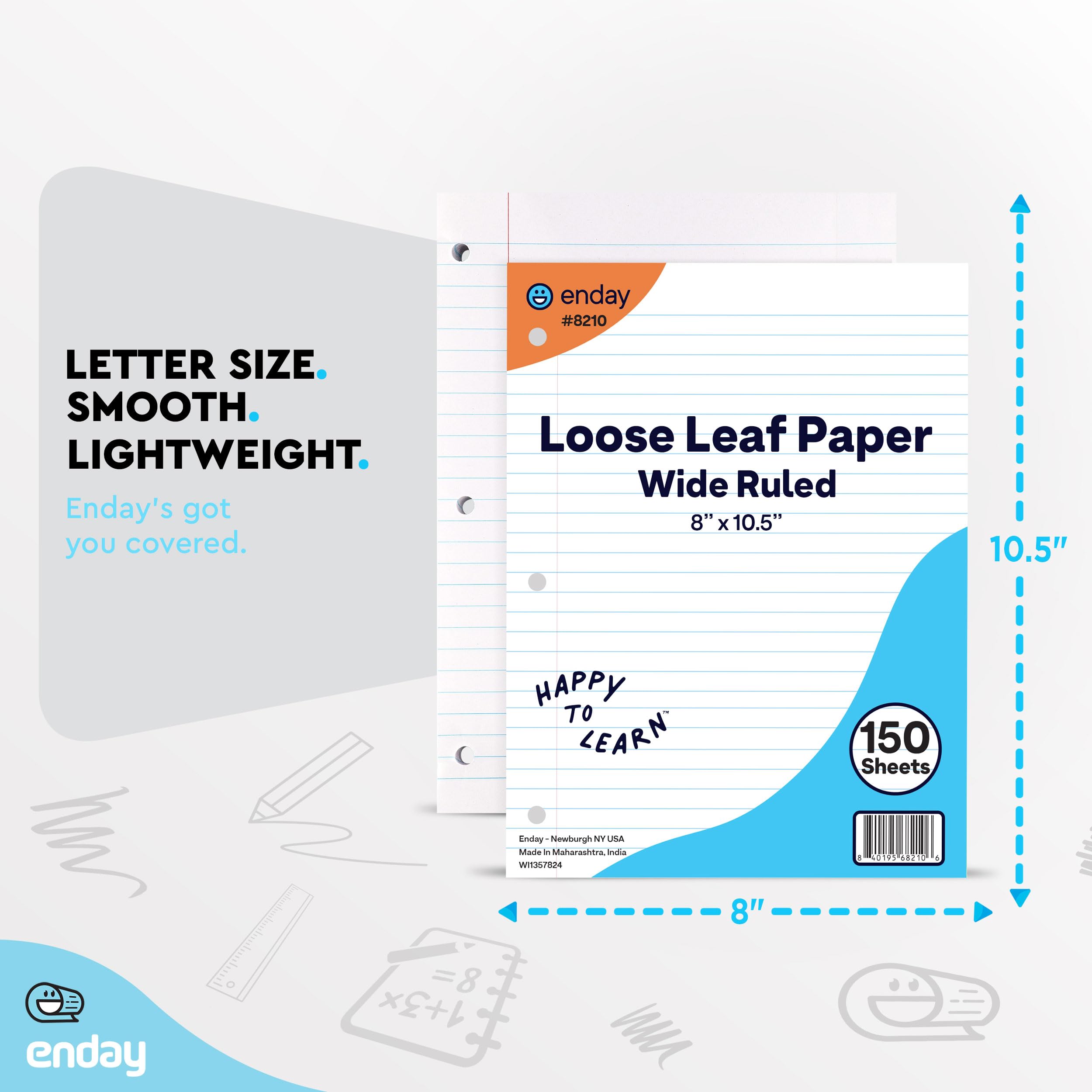 Loseblatt-Papier, breit liniert, 20,3 x 26,7 cm, Füllpapier, weiß, 3-fach gelochtes Ordnerpapier für 3-Ringbinder, liniertes Papier, 150 Blatt pro Packung (4 Stück) Enday