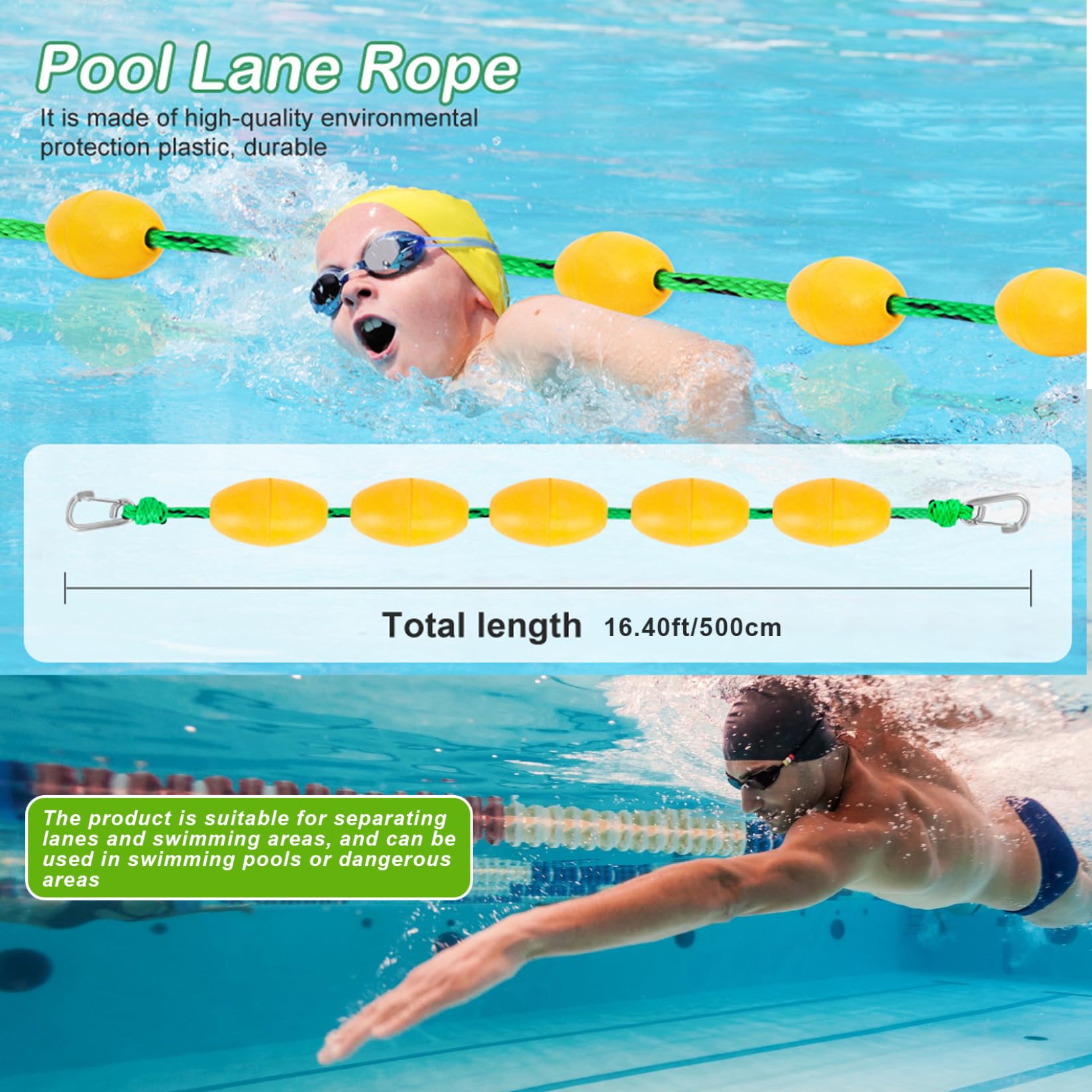 Corde de Piscine Flotte pour diviser la Piscine 16, 4 Pieds Corde de diviseur PE avec des flotteurs en PVC et des Clips en Acier Inoxydable Forte flottabilité