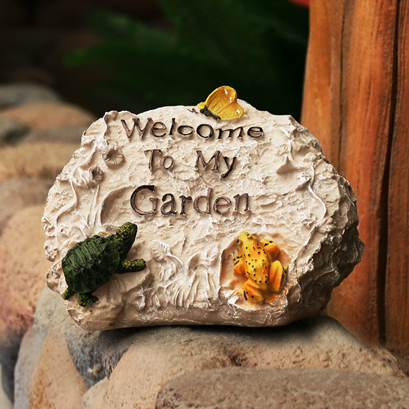 LTL Adornos de Cartel de Bienvenida, Jardín de Hada Impermeable Resina Estatua Piedra de Simulación Figurita Decoración para Casa, Camino, Césped