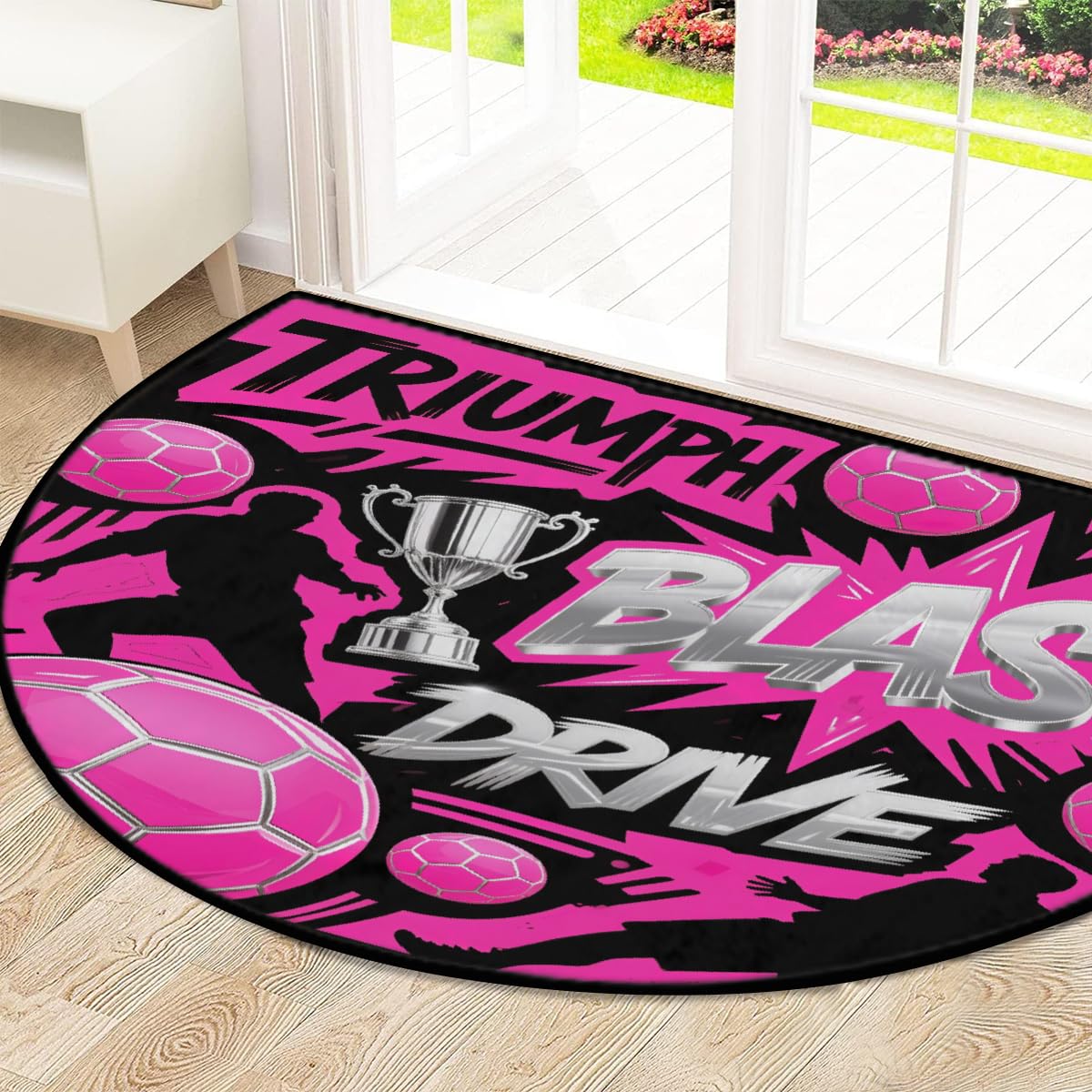 Große halbrunde Fußmatte, Fußball, Sport, rutschfest, saugfähig, halbrund, Eingangsbereich, niedlich, weich, halbrund, waschbar, Teppich für Küche, Badezimmer, Schlafzimmer, 160 x 100 cm