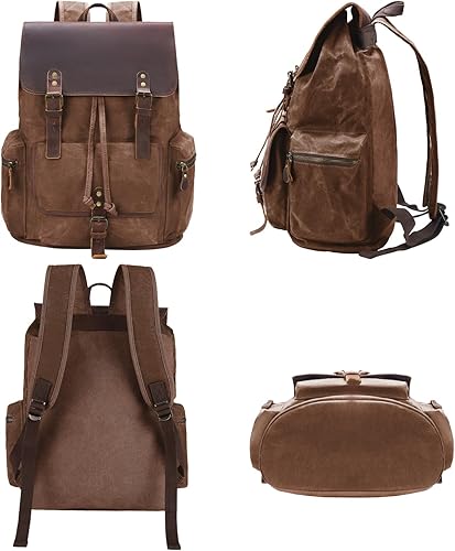 Miniatura 6 de Mochila de lona encerada vintage casual de cuero genuino para computadora portátil, mochila de hombro para viajessenderismoescuela