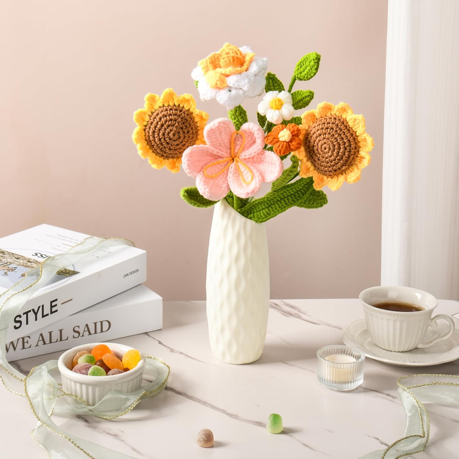 Crochet Flower Bouquet, Orange Crochet Flowers Gifts for Her, Crochet Sunflowers Tulips Roses Bouquet for Valentines Day, Weddings Birthdays Home Decor Gift for Women Moms Wife Friends - Image 4