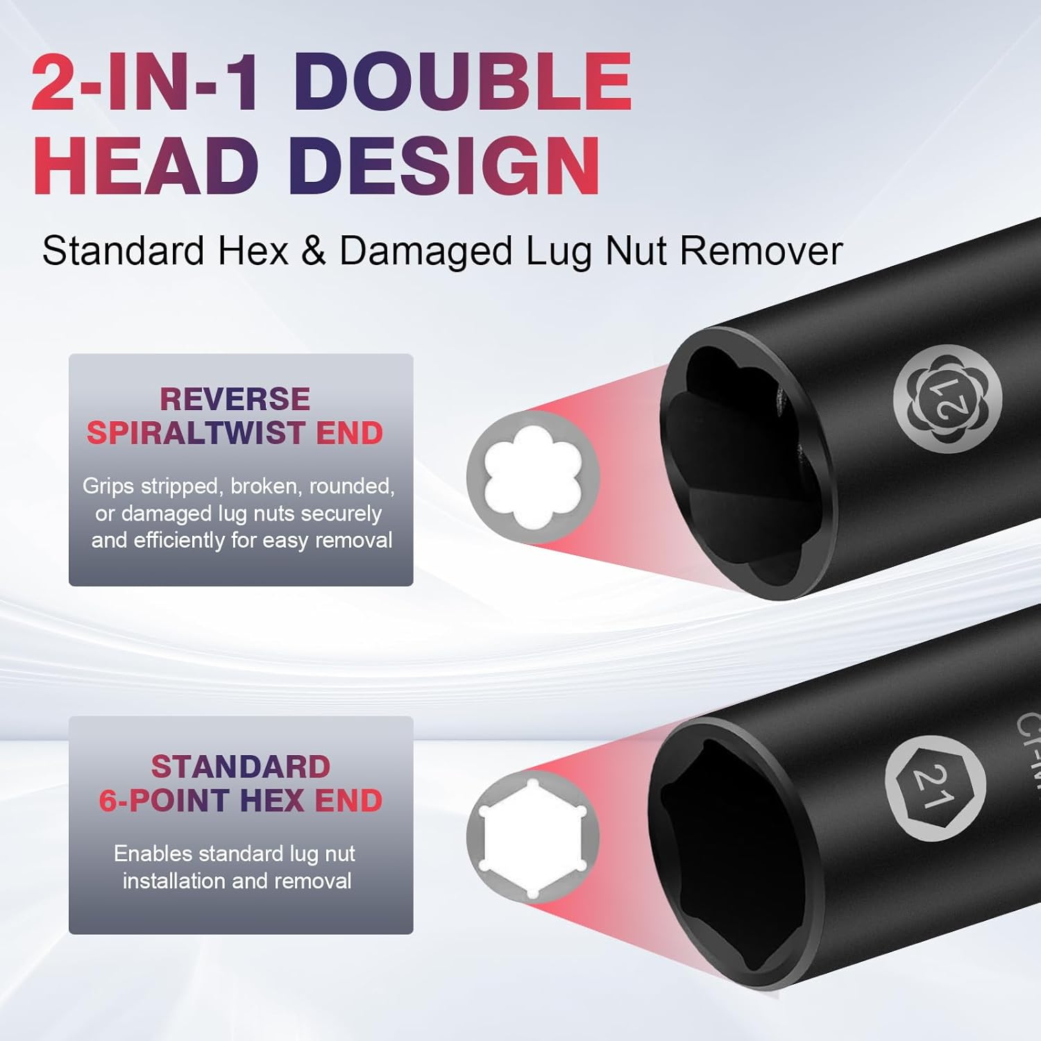 2-In-1 Lug Nut Removal Tool & Impact Socket Set, with 1/2" Drive, Easy Out Broken Bolt Extractor Kit, Ez Out Stripped Wheel Lock for Removing Rounded, Rusted Bolts, Nuts & Screw 7-Pieces