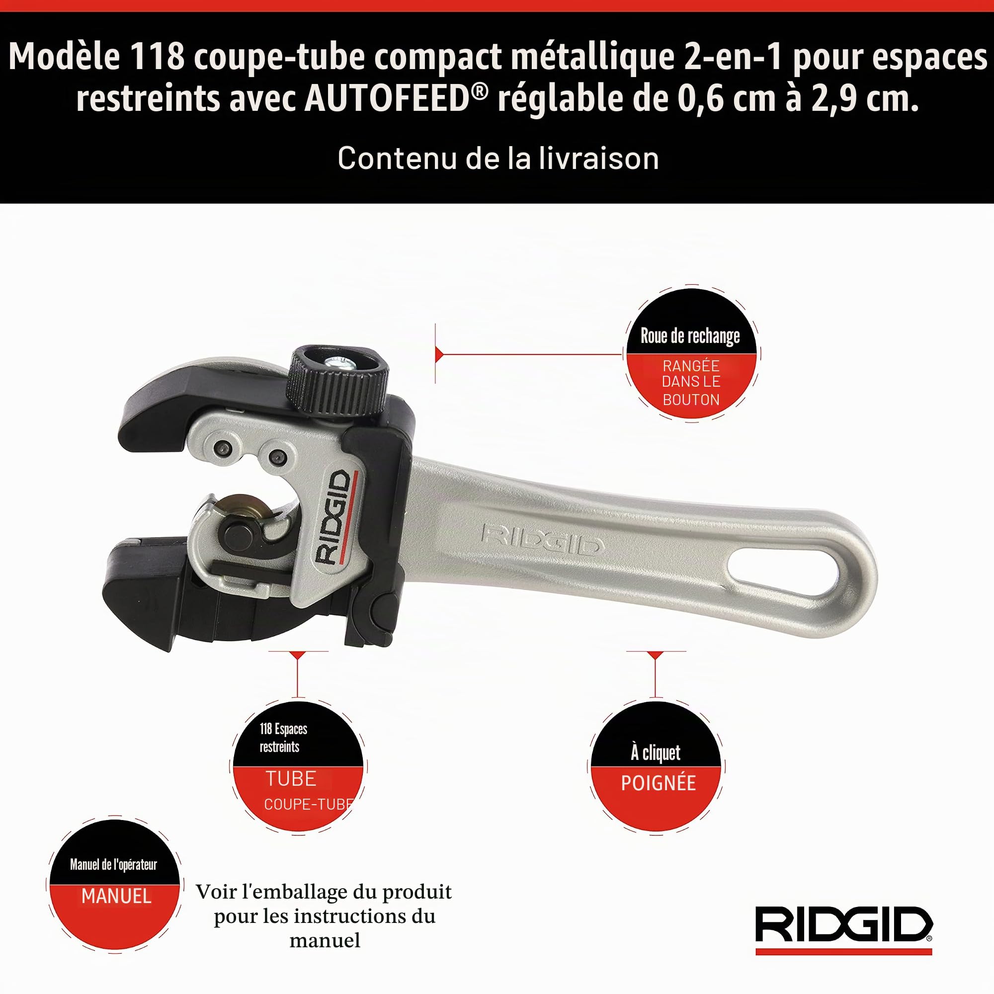 RIDGID 32573 Coupe-tubes miniature 2 en 1 avec AUTOFEED (avance assistée) et poignée à cliquet modèle 118, coupe-tubes de 6 à 29 mm