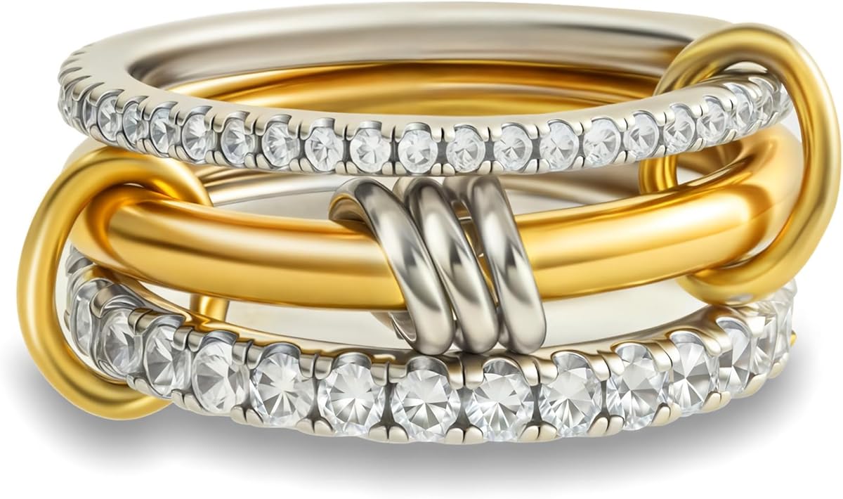 Bopiu Gold Stackable Rings for Women Non Tarnish, 18k Gold Plated Cubic Zirconia Rings, Silver Gold Multi Ring Mixed Metals Stack Rings Set (2 stones rings, 7)