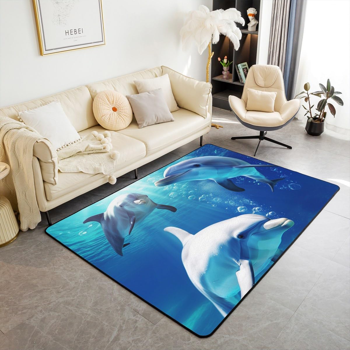Cute Dolphin Area Rug 5x7 for Bedroom Playroom, 3D Dolphin Rug for Kids Boys Girls Teens Ocean Themed Room Decor, Blue Sea Wave Carpet, Sea Animals Underwater World Indoor Floor Mat Non Shedding