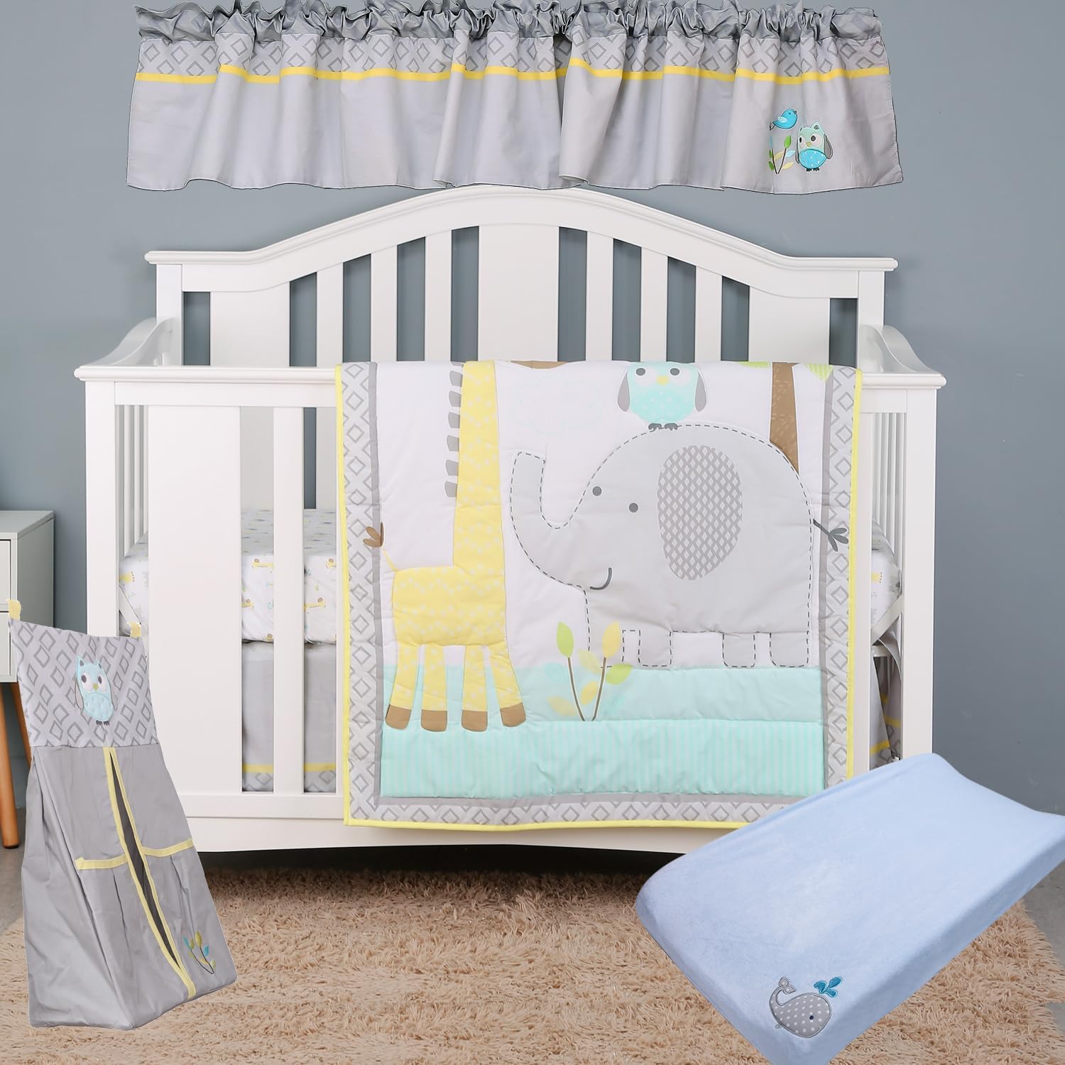 5 PCs Grey Forest Animal Themed Nursery Crib Bedding Set Quilt + Fitted Sheet + Skirt + Window Valance +Diaper Organizer Embroidery Elephant Giraffe Owl Animal Thematic Baby Boy Cot Bedding Set