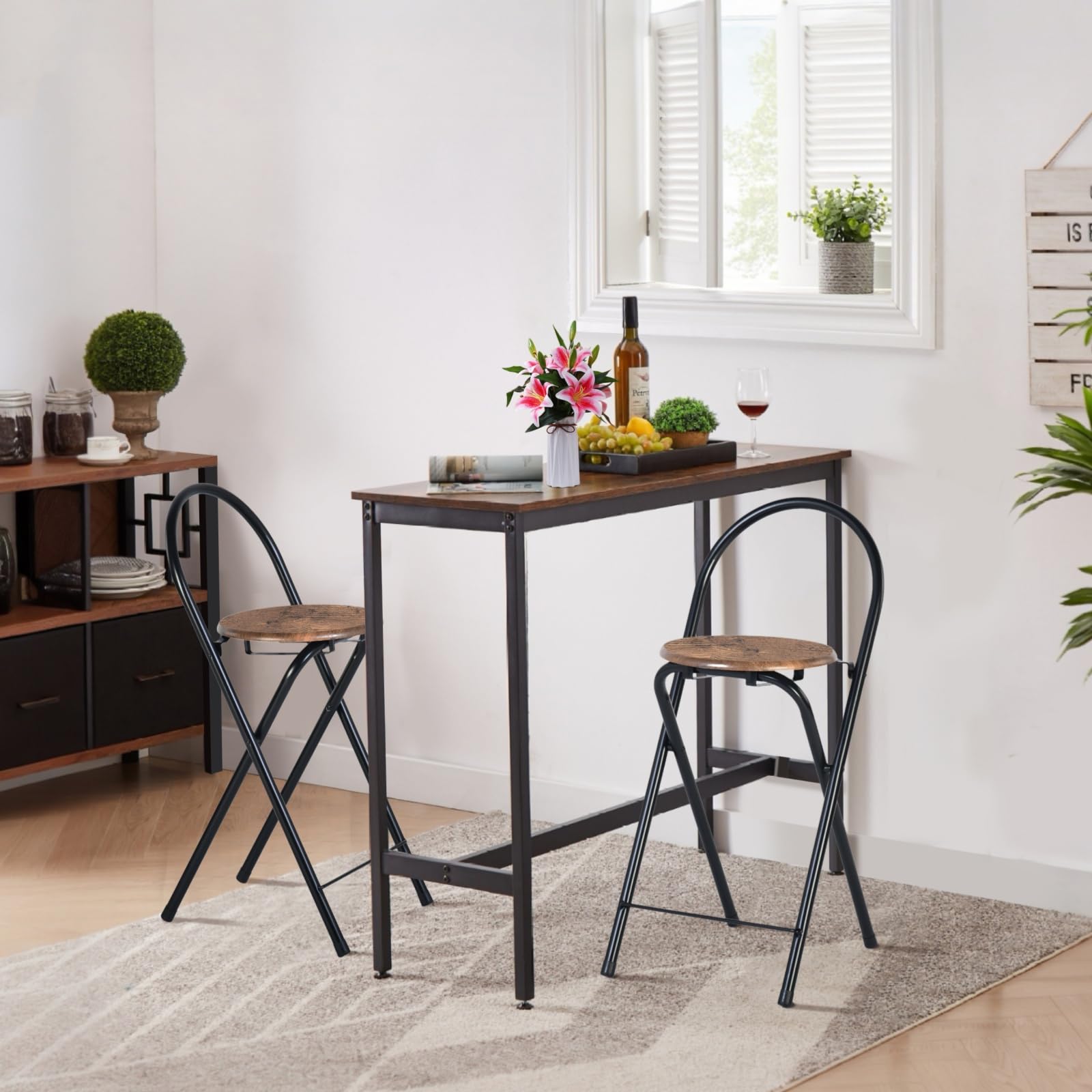 Tabouret de Bar Pliant Lot de 2, Tabouret de Bar Pliable avec Dossier Chaise de Bar Tabouret Pliante Tabouret Pliant Portable pour Bar Cuisine Balcon Jardin, Hauteur d'assise 55,5 cm, Brun