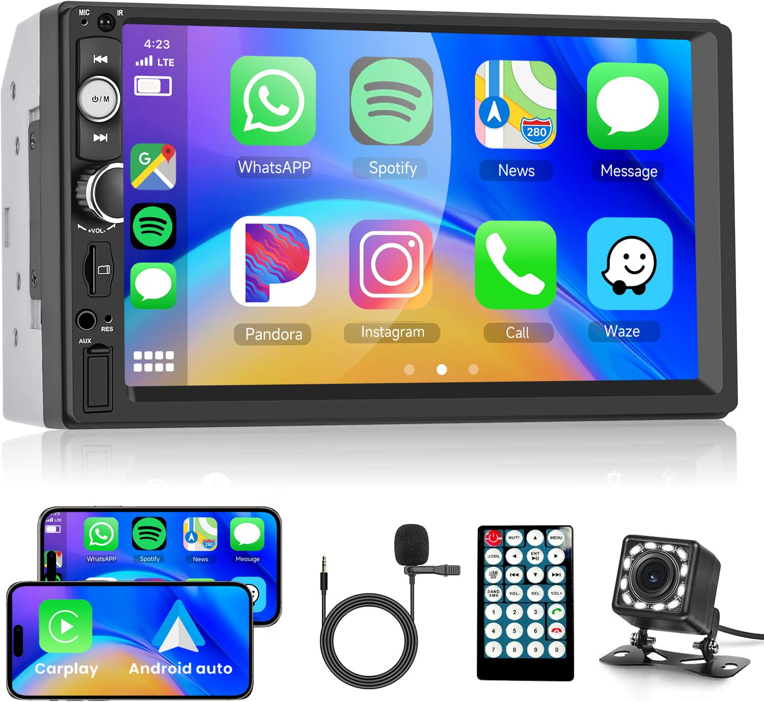 7 Inch Double Din Car Radio with Carplay Android Auto, Hodozzy Touch Screen Car Radio Support Bluetooth Mirror Link Backup Camera SWC USB/TF/AUX FM Car Radio Receiver