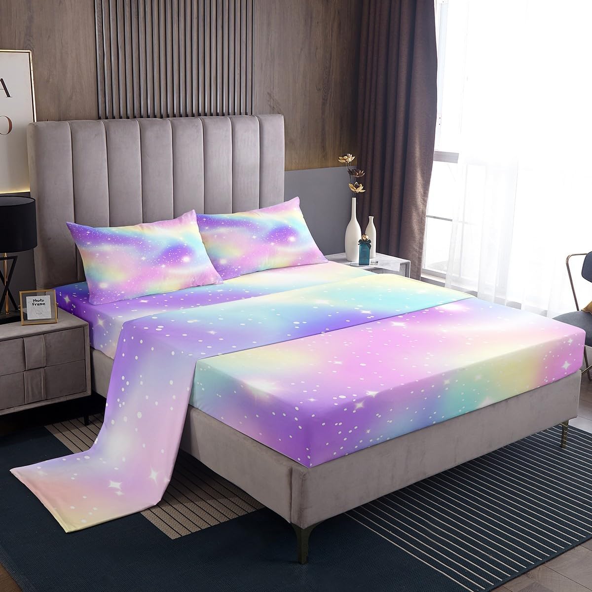 Erosebridal Galaxy Fitted Sheet Queen Rainbow Ombre Sheets Space Star Glitter Bed Sheets for Girls Teens Women, tie dye Gradient Sheet Set Pastel Starlight Sheets Bedroom Decor, 4Pcs