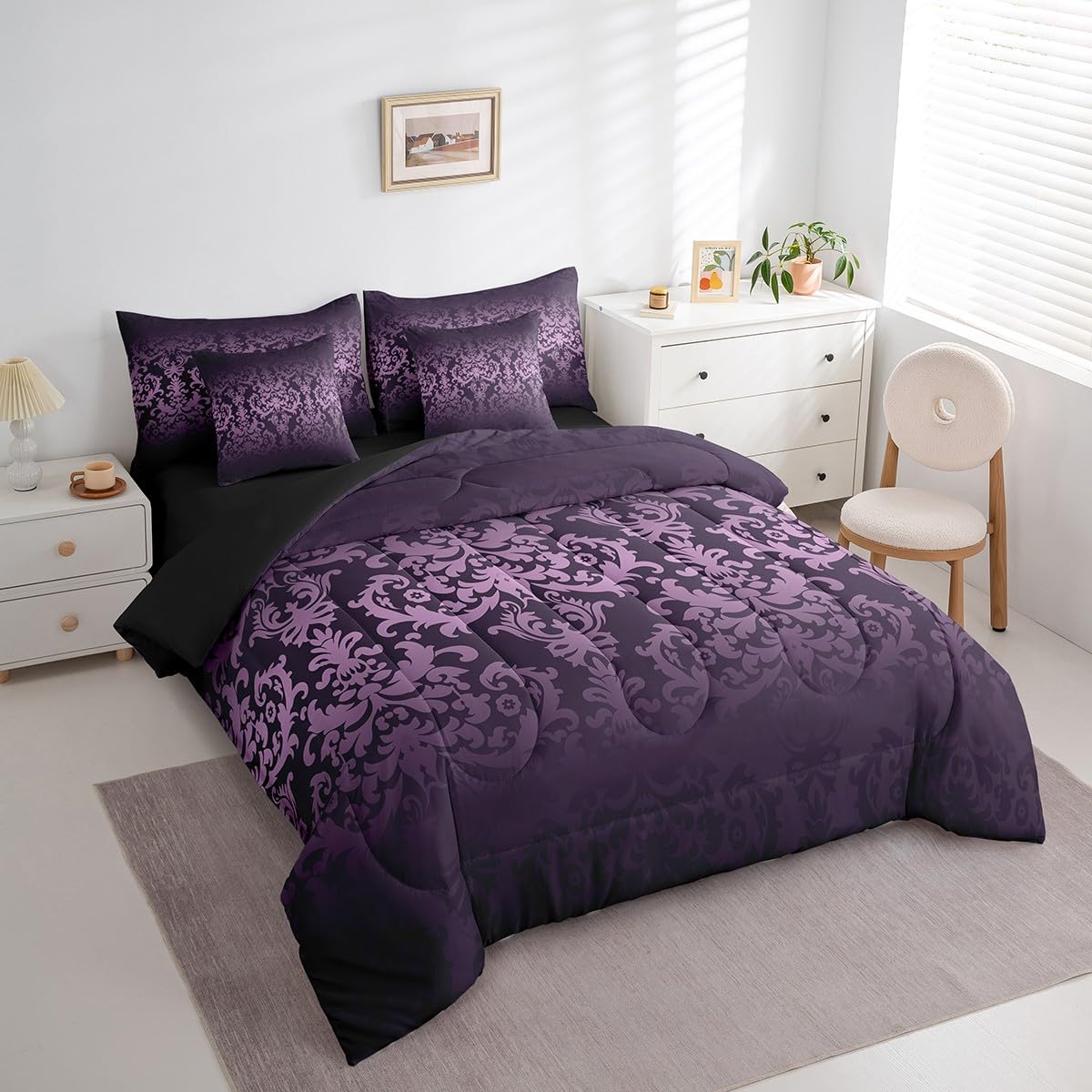 Amazon.com: Erosebridal Adults Purple Damask Bed in A Bag 7 Piece