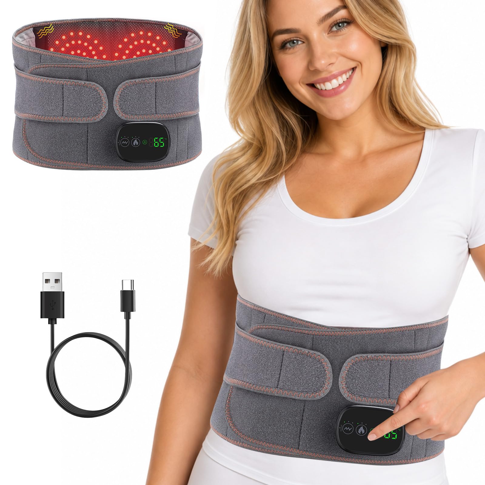 Cinturón térmico para espalda, almohadilla térmica con apagado automático y batería de 5000 mAh, almohadilla térmica para espalda, 3 niveles de calor, masajeador para aliviar el dolor de espalda y