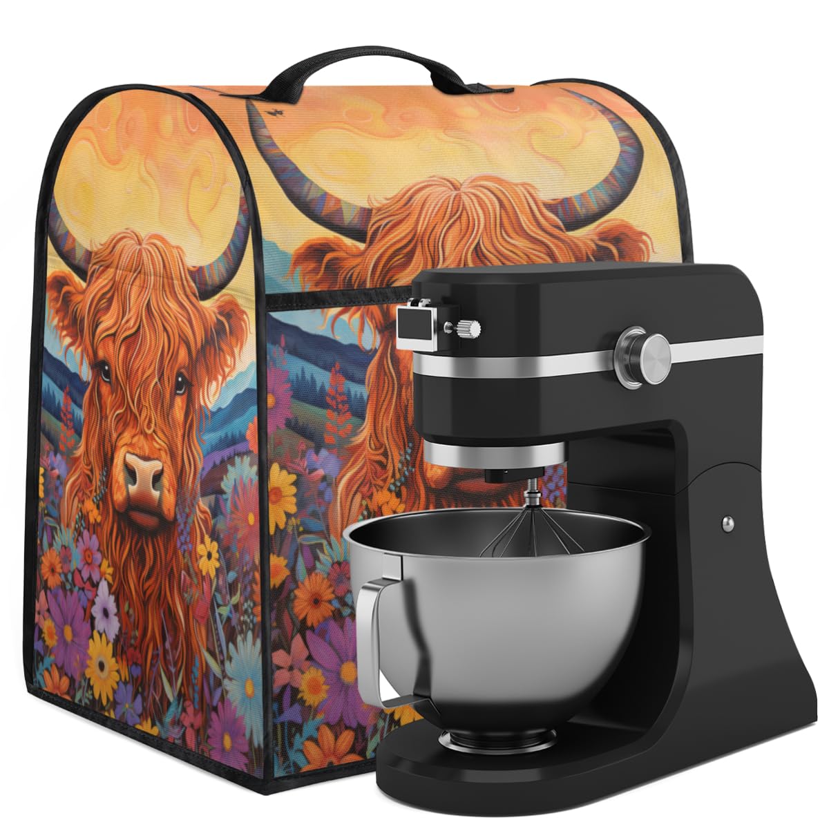Coffee Maker Cover Flower Highland Cow Kitchen Appliance Covers Small Appliance Covers Blender Cover Juicer Cover Dust Covers for Kitchen Appliances with Top Handle and Pockets,Washable,C950
