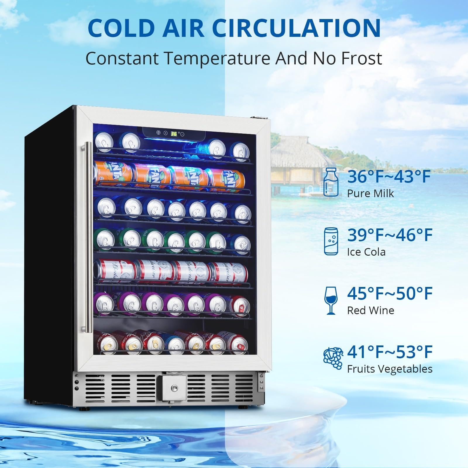 TROPOW LED Lighting Adjustable Temperature Beverage Refrigerator, 166 Cans Capacity, Air-cooled Constant Temperature, Safety Lock, Front Ventilation - 24 Inch Drink Fridge