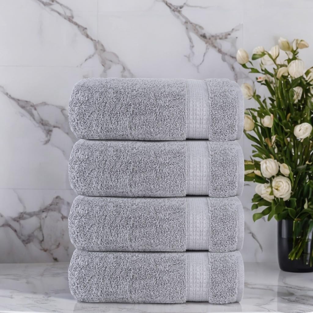 Organix Luxury 4 Pack Premium Bath Towels, (30x60 Inches) 100% Cotton, Lightweight and Highly Absorbent Quick Drying Towels, Perfect for Daily Use, Long Durability, Light Grey