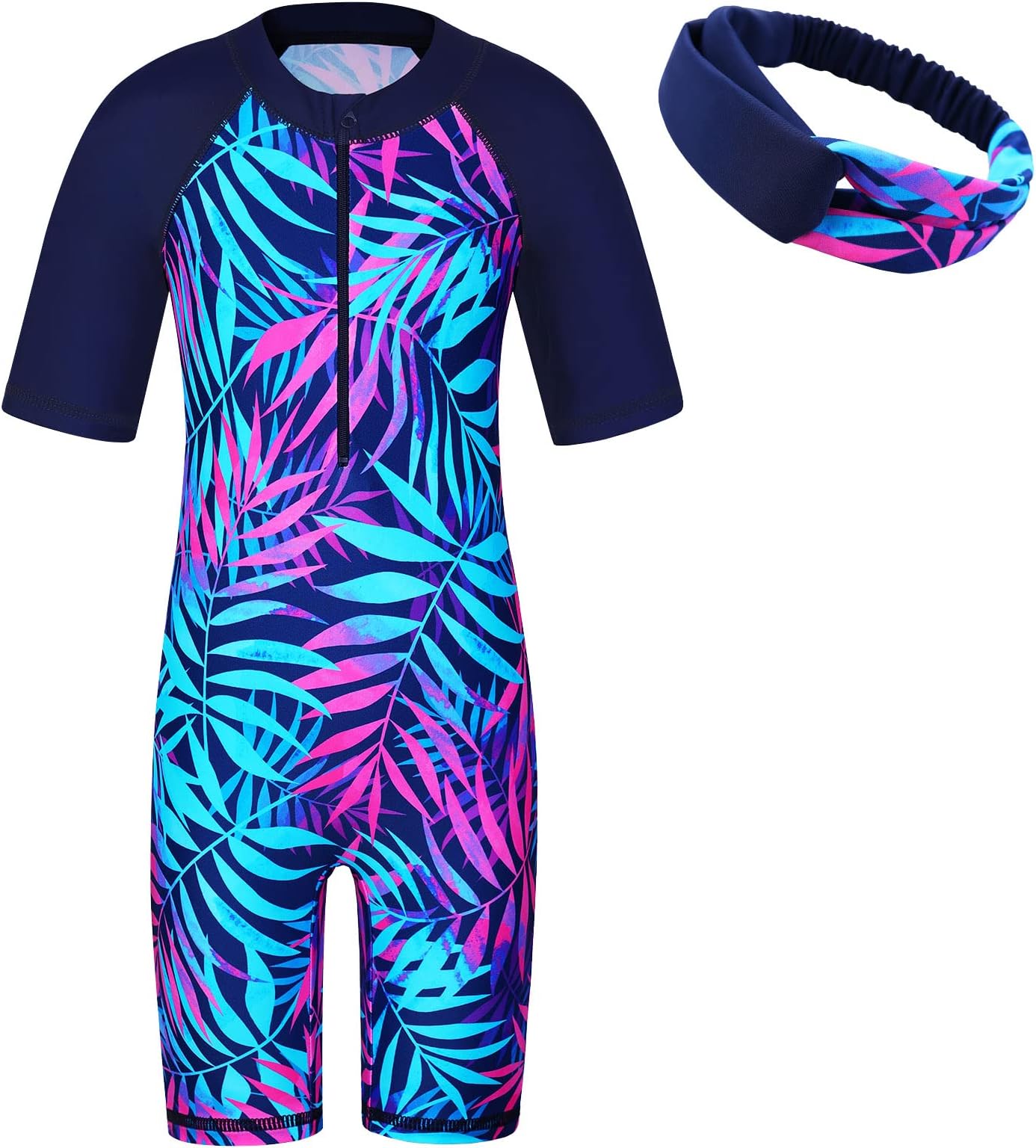 BAOHULU Girls Short Sleeve Zipper Closure Swimsuit with Matching Hairband UPF 50+ UV Bathing Suit Beach Swimwear 4-13 Y