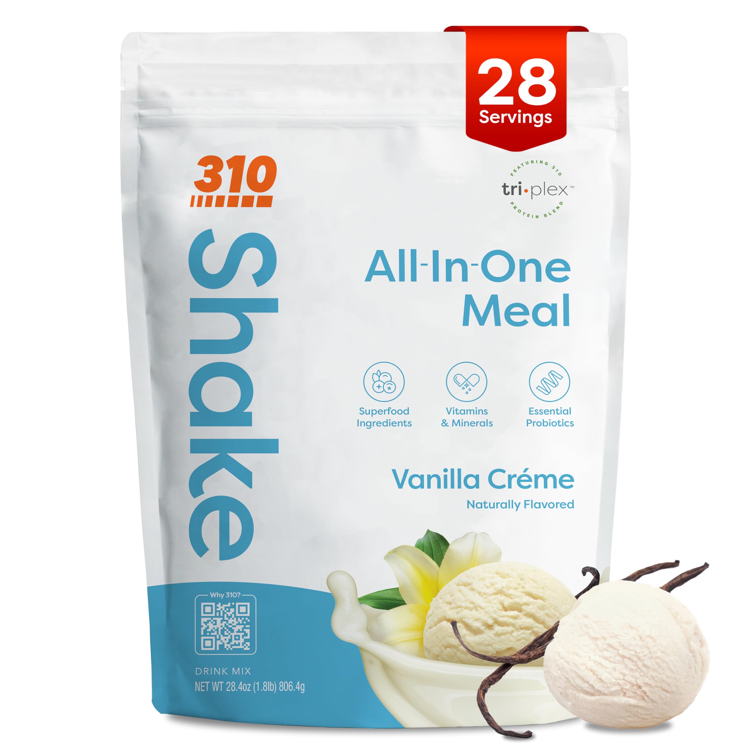 310 Nutrition All-In-One Meal Replacement Shake Powder - Plant-Based Protein Smoothie Blend w/High Fiber, Probiotics & Adaptogens - Low Carb, Vegan, Keto & Paleo Friendly - Vanilla Creme - 28 Srv