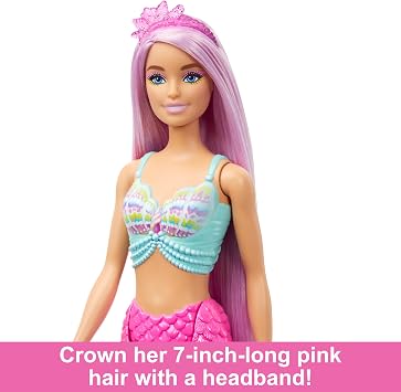 Barbie Mermaid Doll with 7-Inch-Long Pink Fantasy Hair and Colorful Accessories for Styling Play like Headband and Barrettes, HRR00