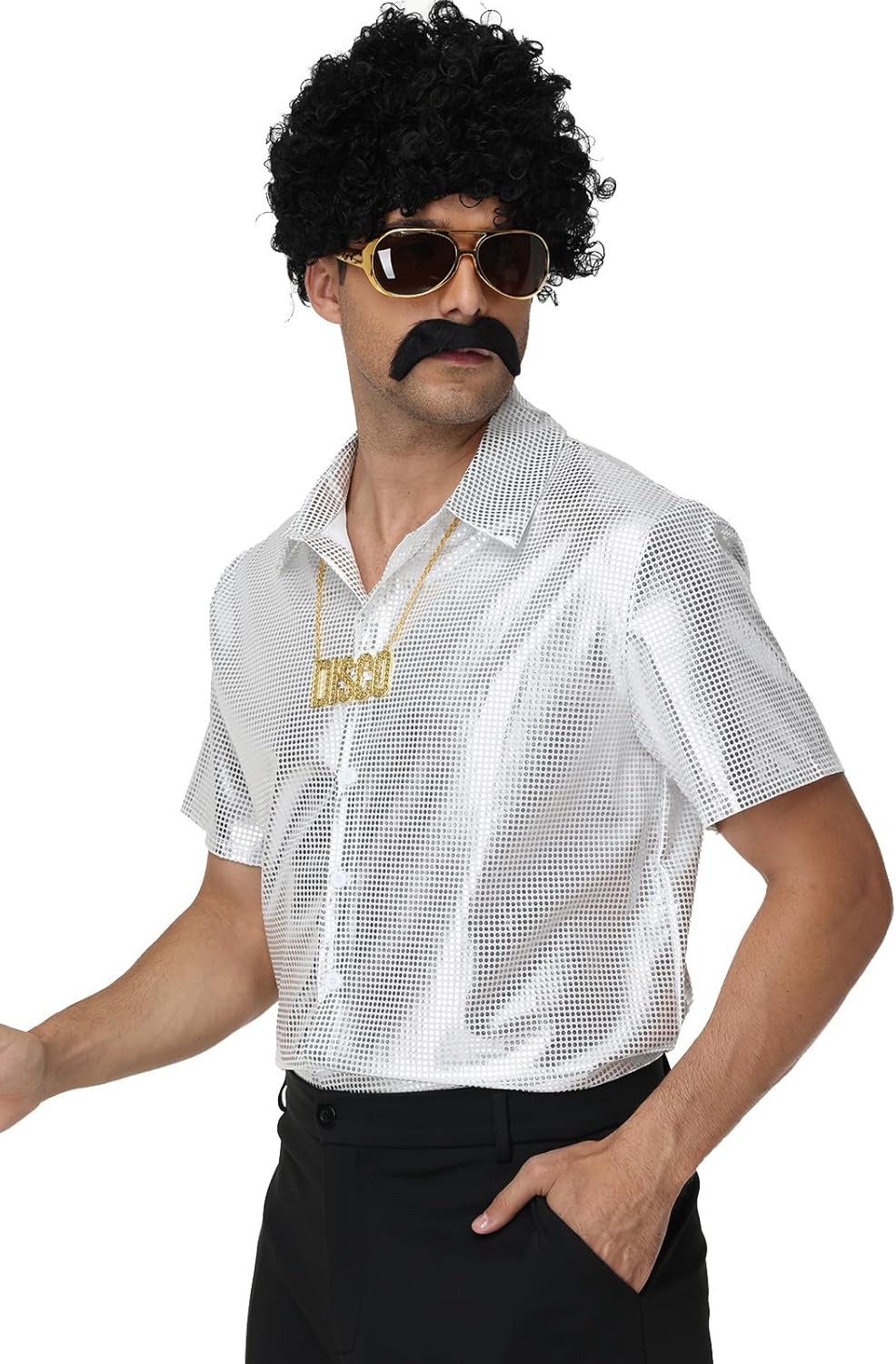 7Pcs Mens 70s Disco Costume, Retro Shirt Bell Bottom Pants Wig Sunglasses Necklace Wig Cap for Disco Party - Image 2