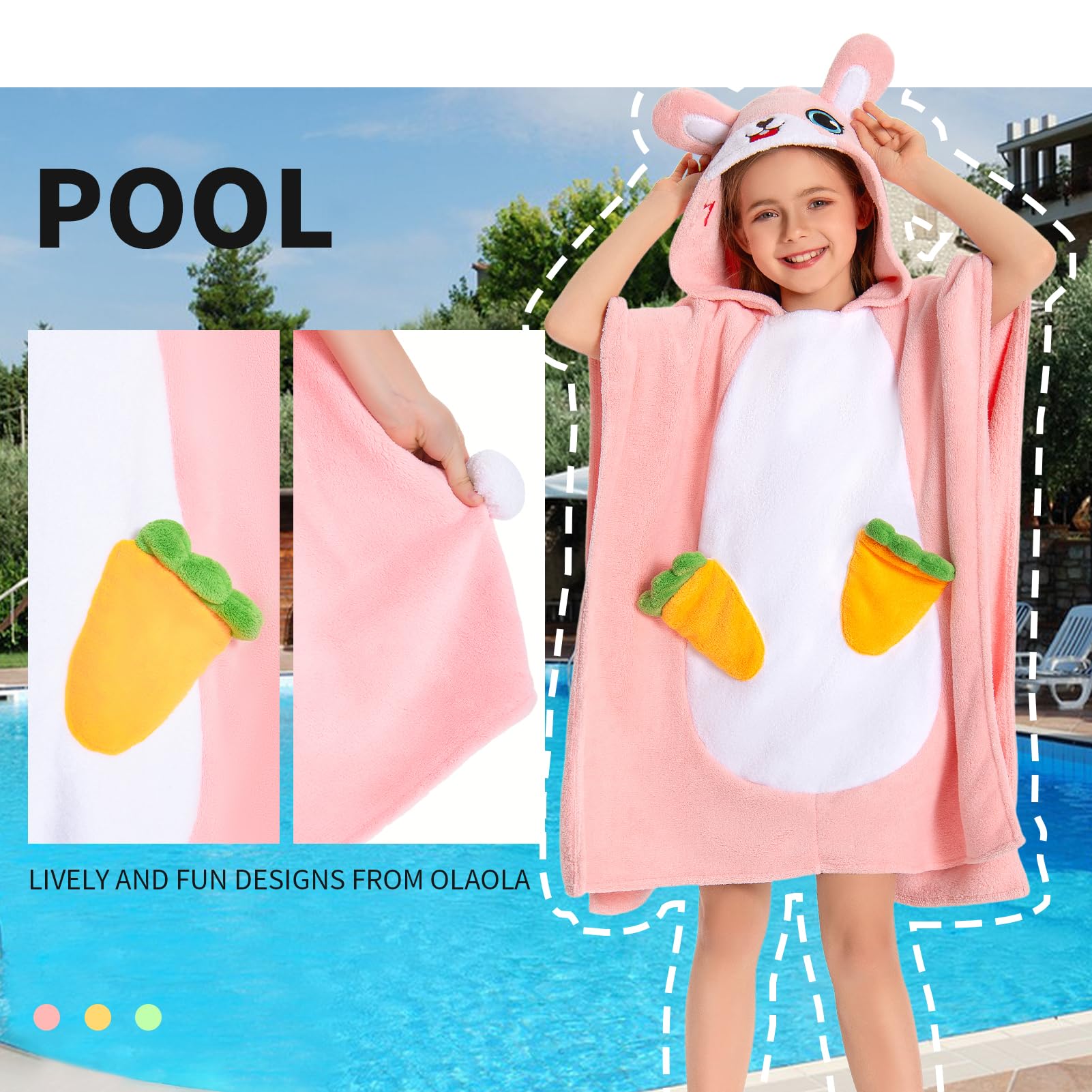 OLAOLA Kids Poncho Towel Hooded Beach Changing Robe Children Absorbent Bath Towels Swimming Wrap for Boys Girls 3-12 Years, Bunny - Image 3