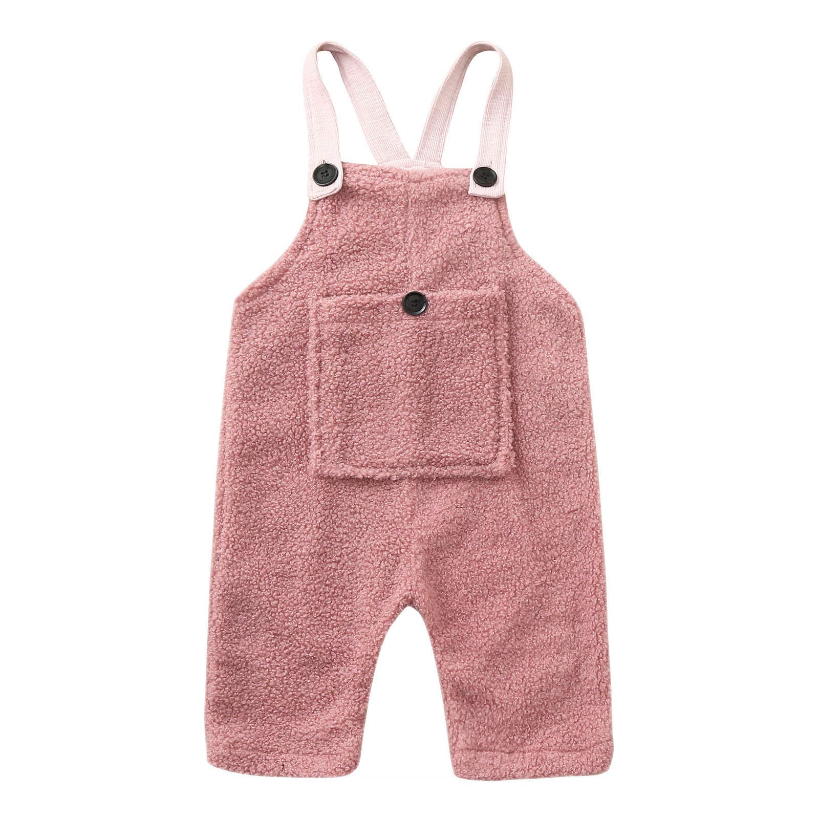 Toddler Baby Girls Boys Solid Color Fleece Overalls Pants Infant Warm Flannel Suspender Romper (Pink, 6-12 Months)