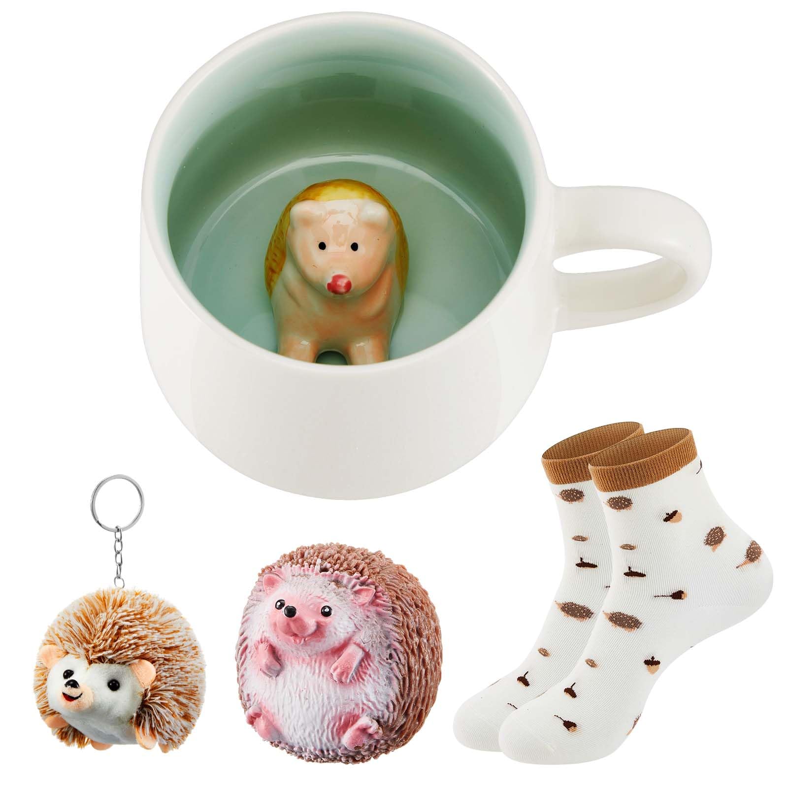 Nuenen 4 Pcs Hedgehog Gifts for Christmas Include 1 Hedgehog Ceramic Coffee Mug with Handle 1 Fidget Stress Relief Pinch Toy 1 Keychain Pendant 1 Sock for Birthday Mum Woman Bridesmaid Gift