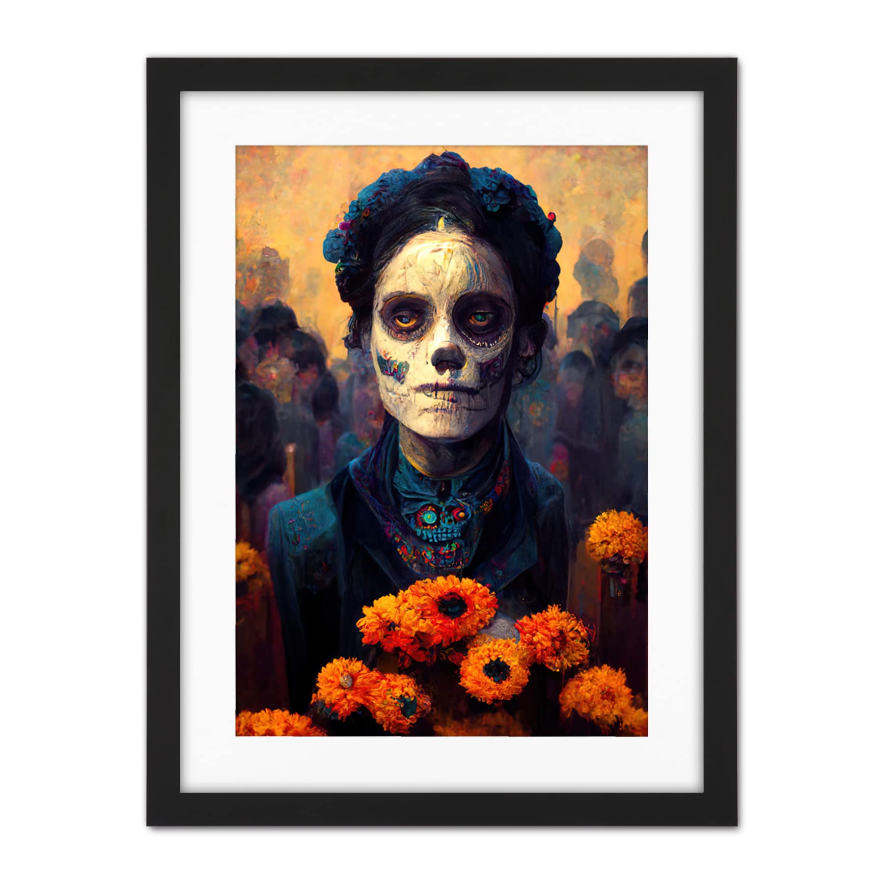 Day Of Dead Skull Marigold Flowers Artwork Framed Wall Art Print 18X24 Inch