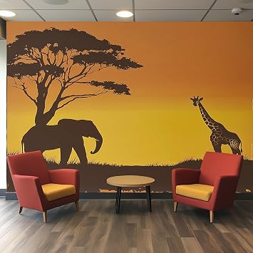 African Animal Wallpaper, Sunset Giraffe Elephant Savanna Wall Mural for Bedroom Living Room TV Background Sofa Wall Decor, Silhouette Landscape Room Decoration Not Peel and Stick, 59" x 40"