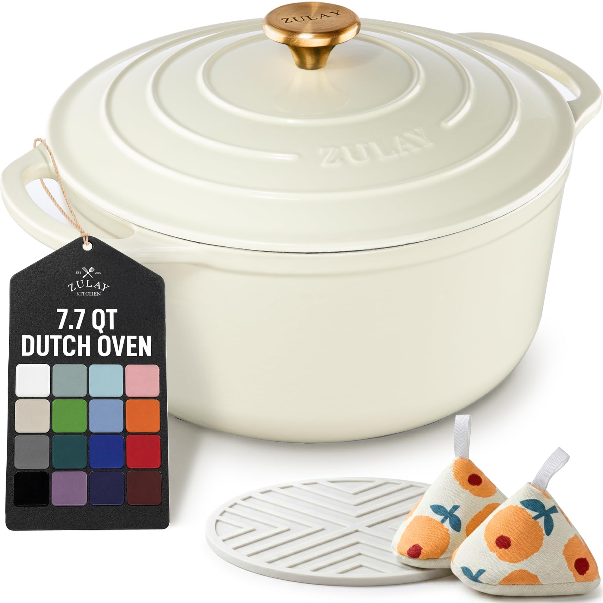 Zulay Kitchen 7.7 Quart Enameled Cast Iron Dutch Oven Pot with Lid – Premium Durability &amp; Oven Safe up to 500°F – Heavy Duty Cookware Perfect for Bread Baking, Stews, Braising &amp; Roasting – Ivory