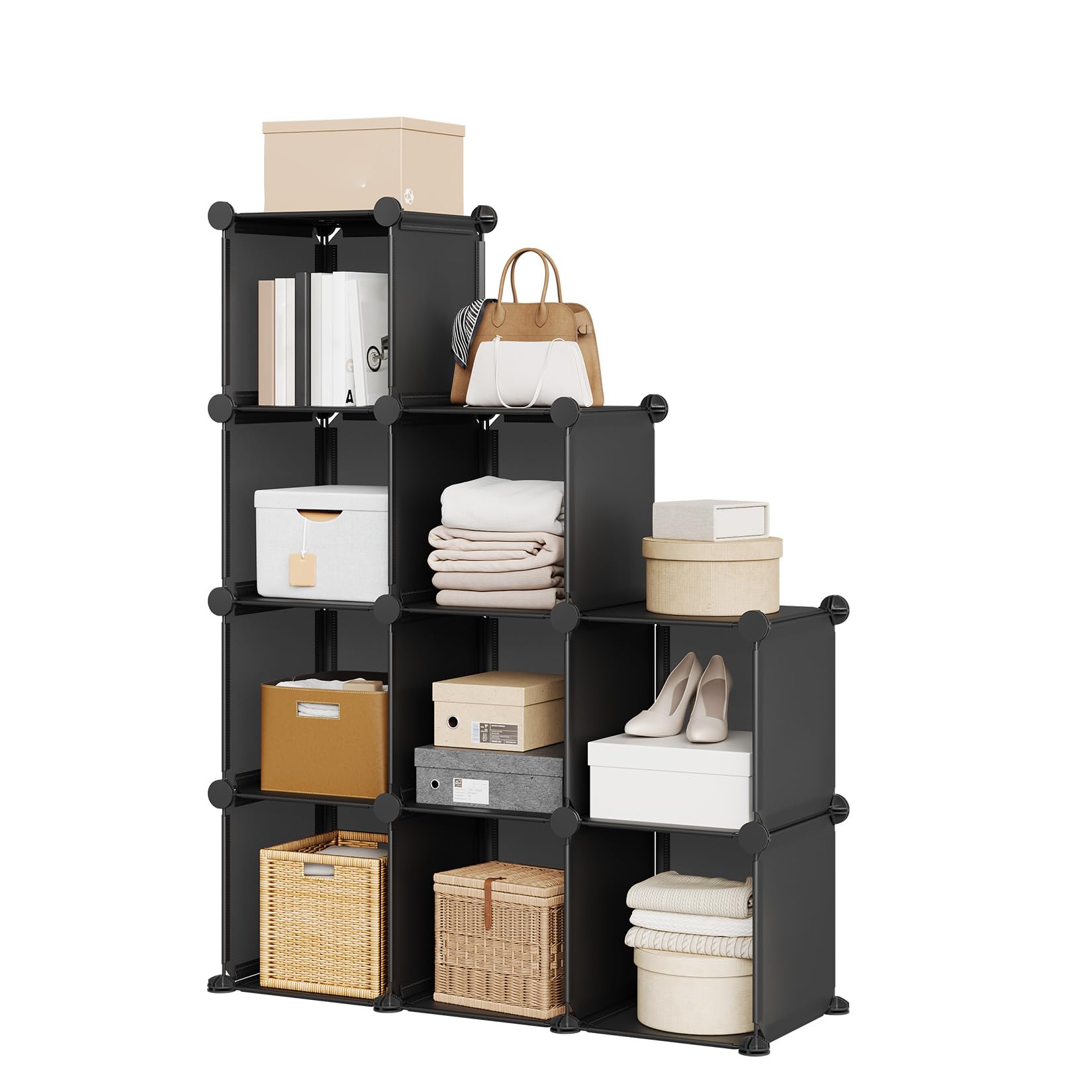 Garvee 9-Cube Storage Organizer - Heavy-Duty Modular Cube Shelf, 11.8" x 11.8" x 11.8" Stackable DIY Closet Shelves with Anti-Tip Feet & Tool Kit (Black)